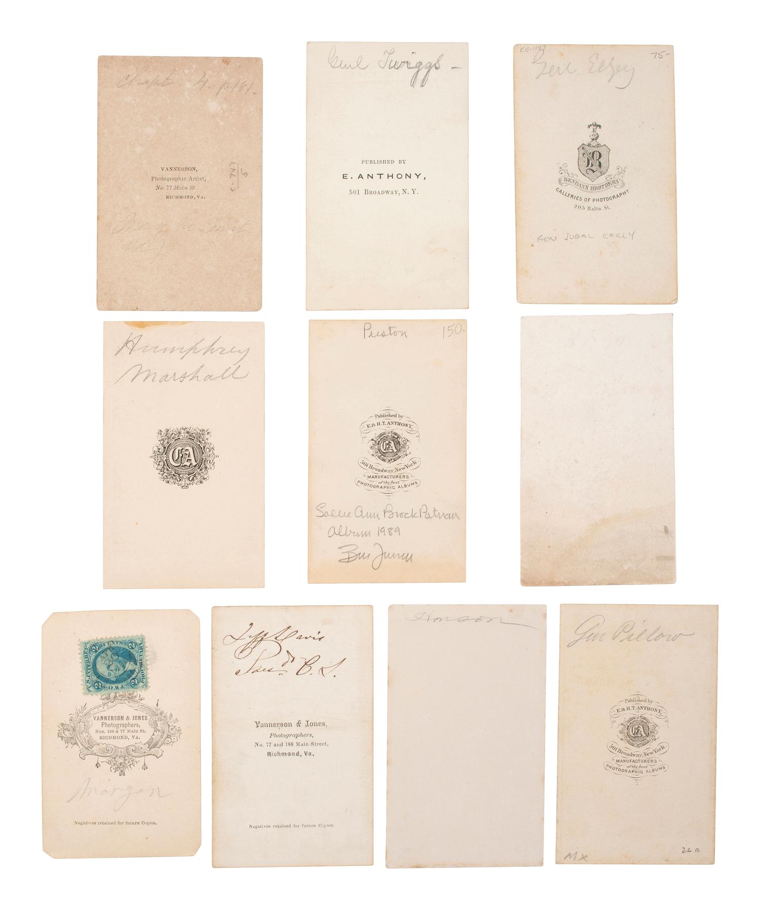 [CIVIL WAR] -- [THE CONFEDERACY]. A group of 10 CDVs, incl. President Jefferson Davis and Confederate Generals Morgan, Pillow, Hanson, Marshall, Preston, Twiggs, Elzey, and Major Irwin (SIGNED).