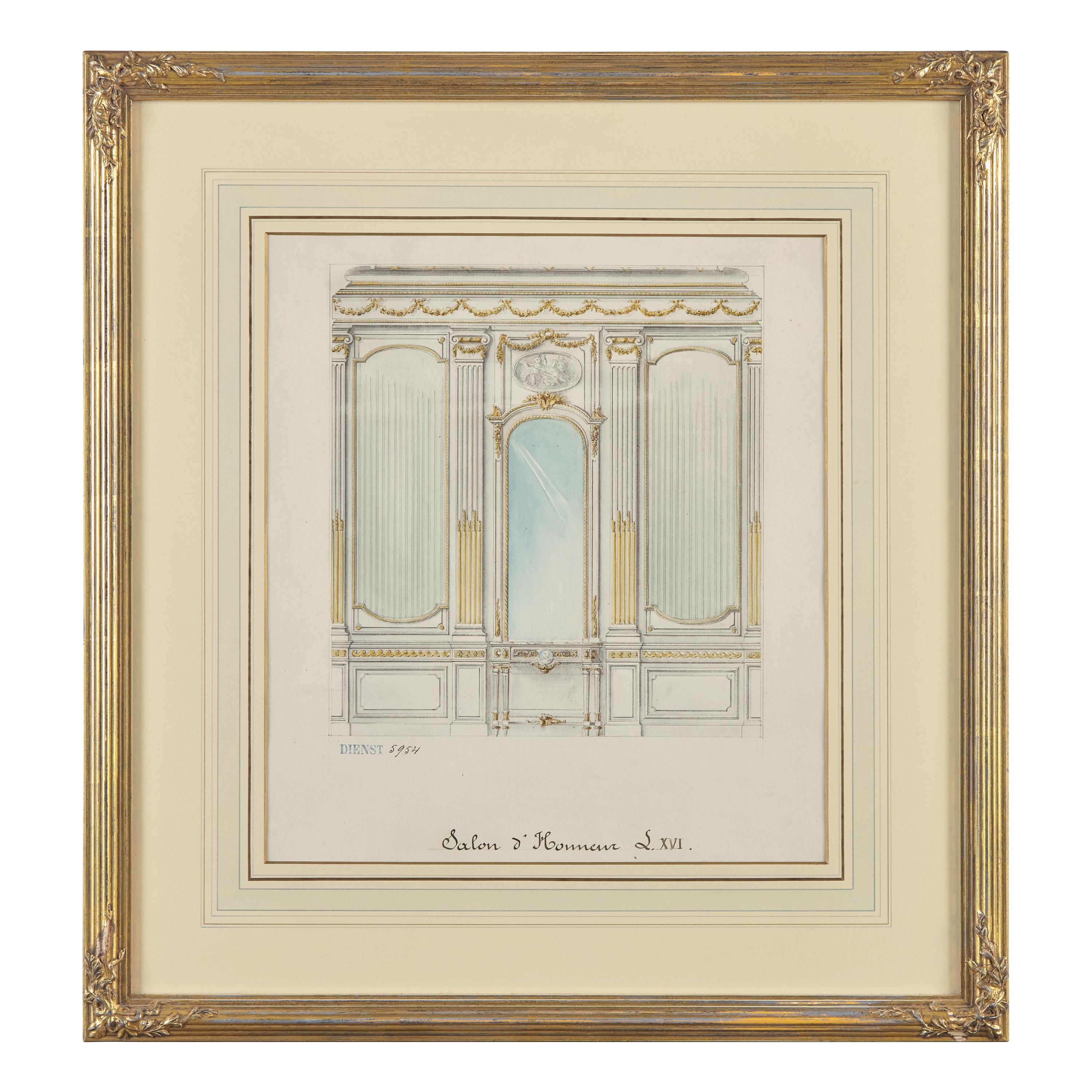 Attributed to Eugène Dienst (French, 19th Century), A Group of Six Hand-Drawn and Painted Studies of French Interiors