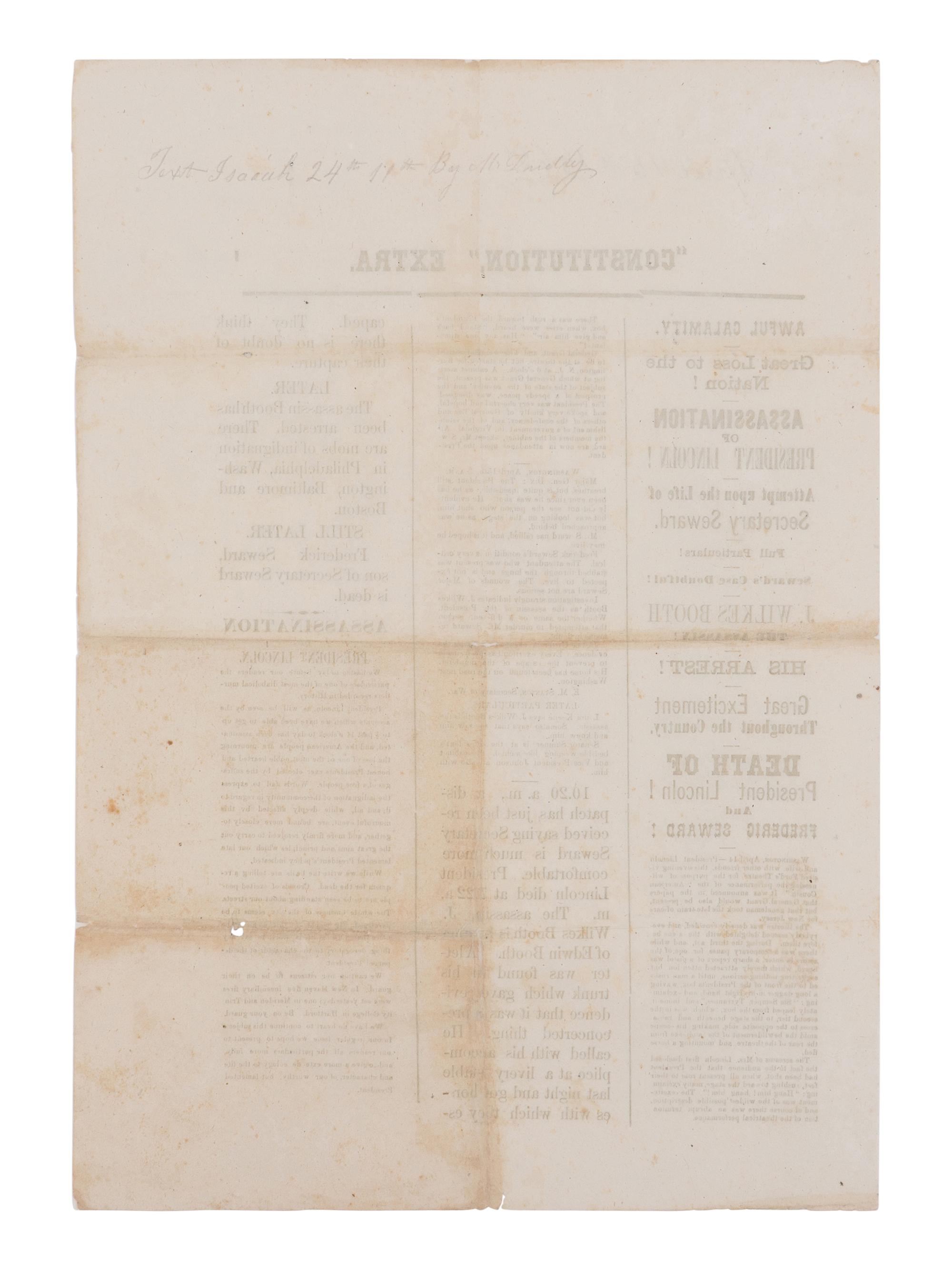 [LINCOLN ASSASSINATION]. "Constitution" Extra. [Middletown, CT]: Daily Constitution, 15 April 1865.