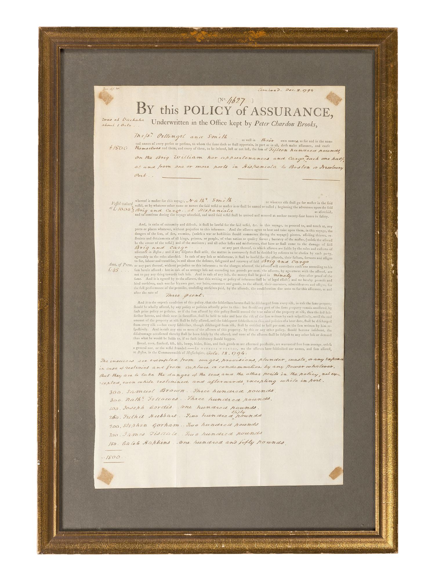 [MASSACHUSETTS]. A group of shipping documents, including a "Policy of Assurance" for cargo aboard the Brig William , 28 October 1794.