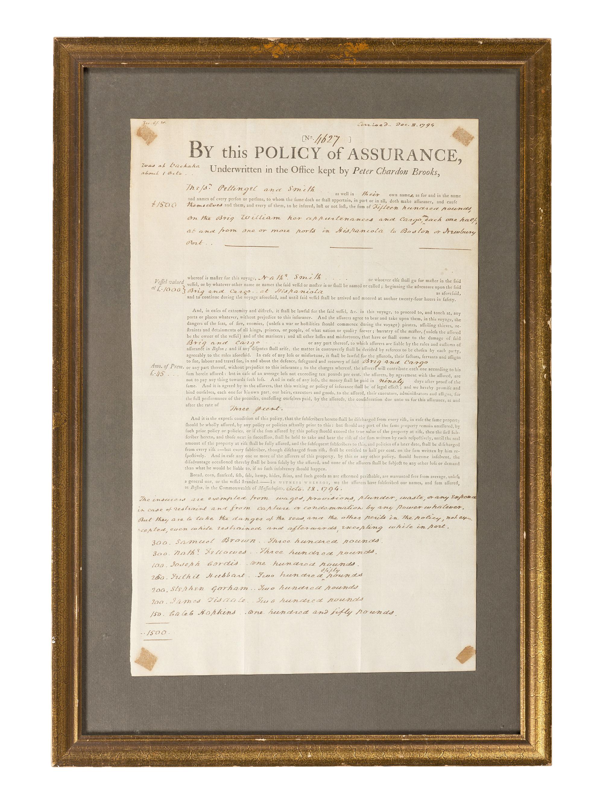 [MASSACHUSETTS]. A group of shipping documents, including a "Policy of Assurance" for cargo aboard the Brig William , 28 October 1794.