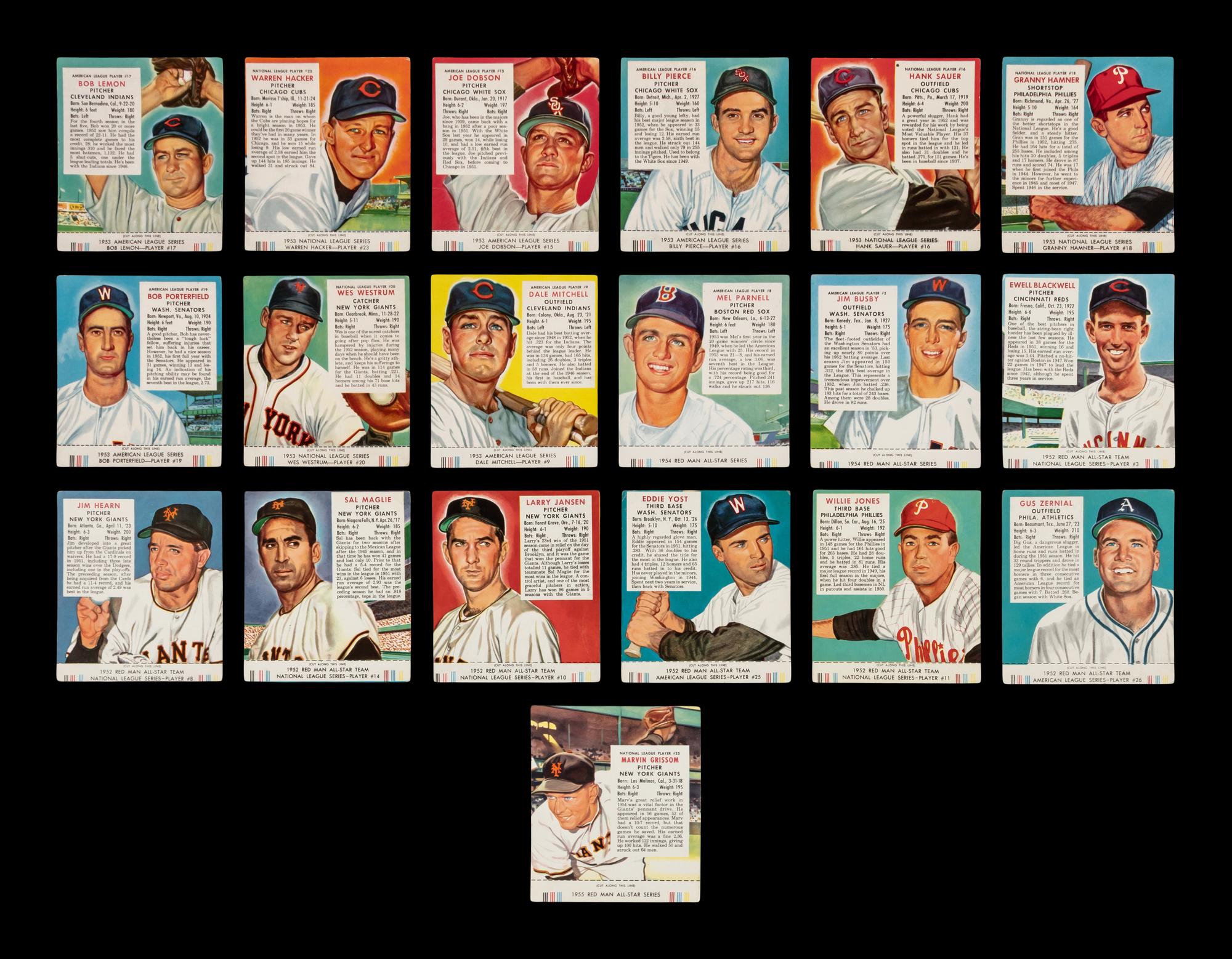 A Collection of 1950s Red Man Tobacco Baseball Cards Including Multiple Hall of Famers - All With Tabs (49)