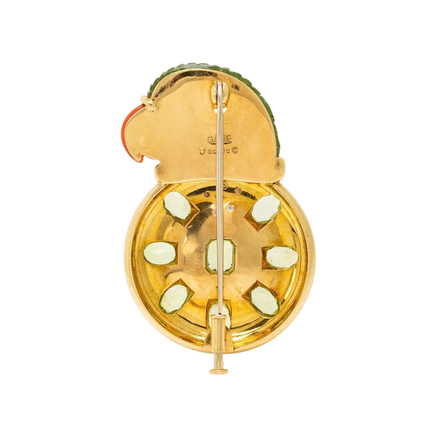 ELIZABETH GAGE, MULTIGEM AND YELLOW GOLD PARROT BROOCH