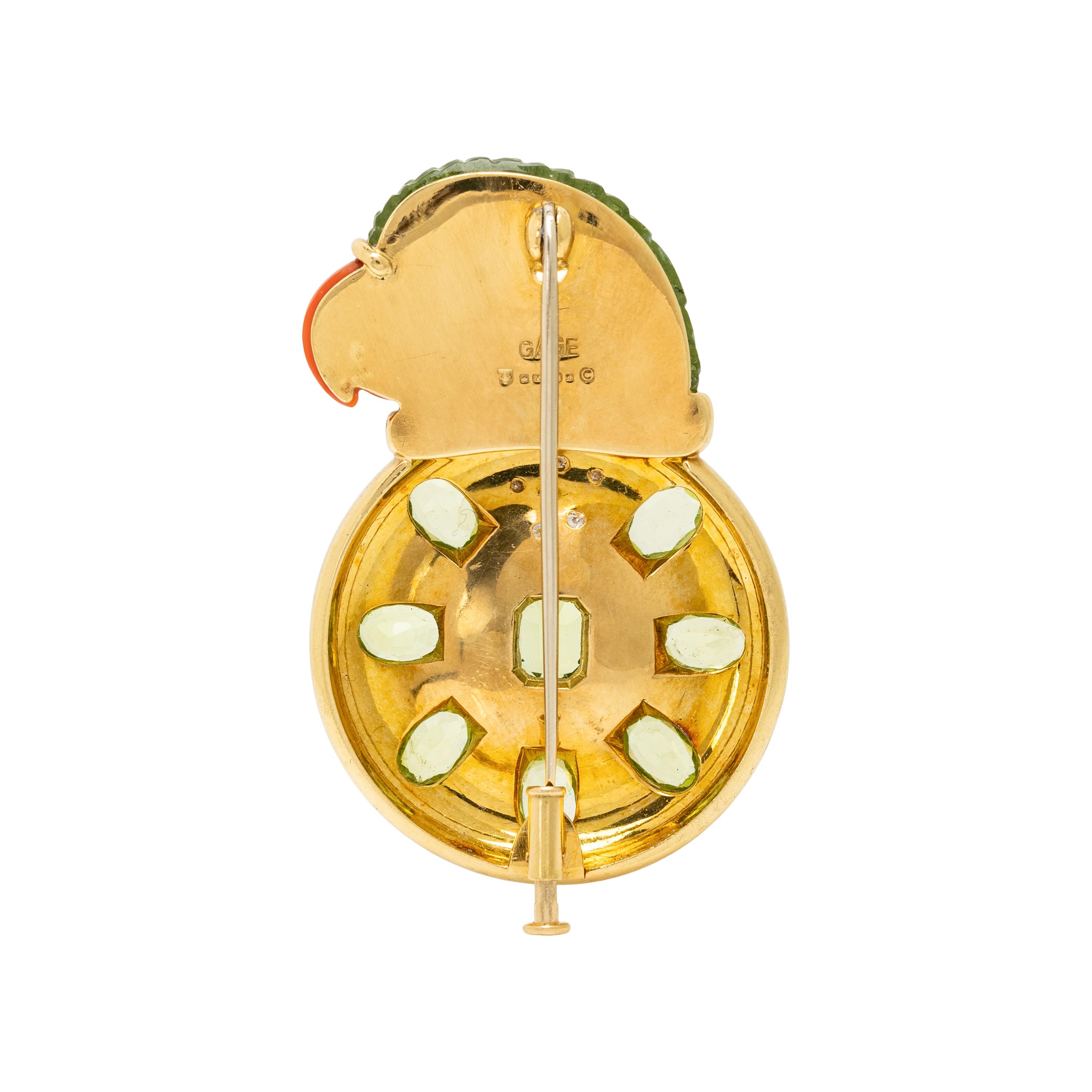 ELIZABETH GAGE, MULTIGEM AND YELLOW GOLD PARROT BROOCH