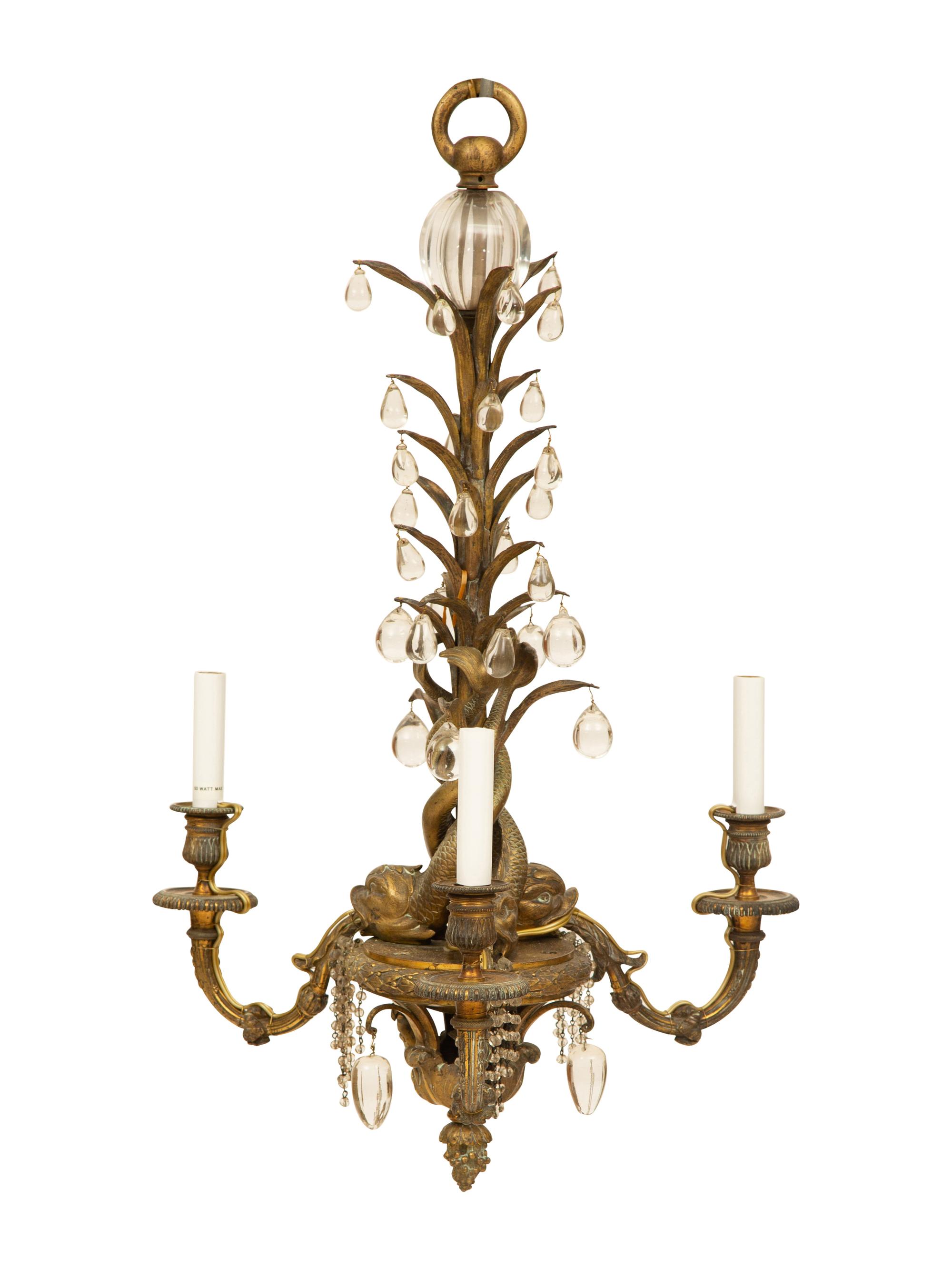 A French Gilt Bronze Three-Light Dolphin Chandelier
