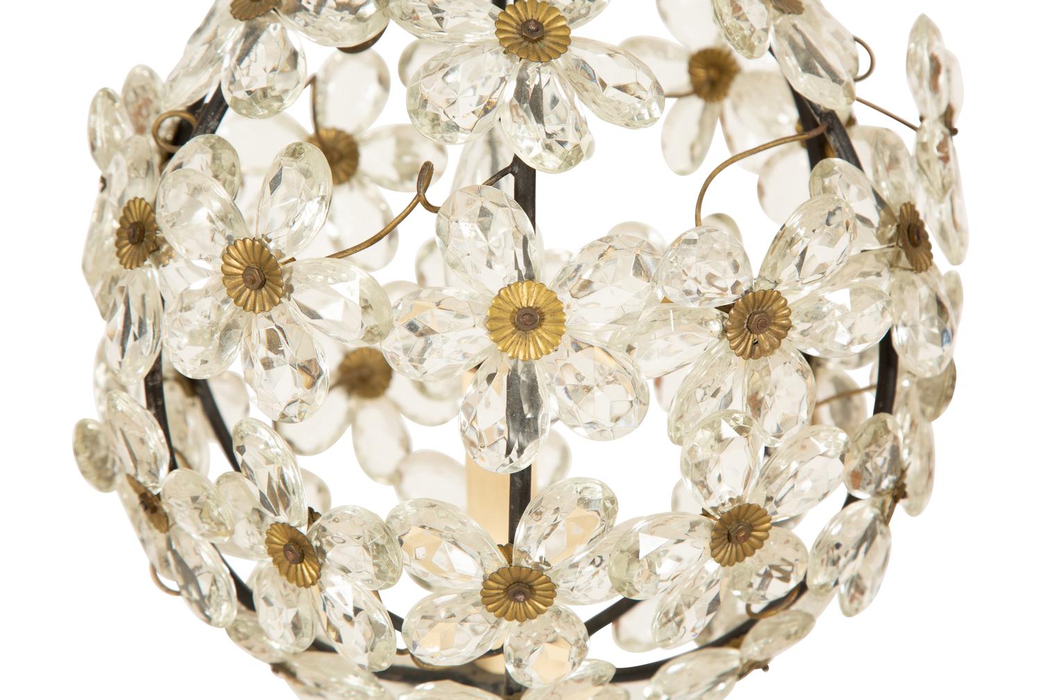 A Small Globe-Form Glass and Metal Chandelier with Floral Design