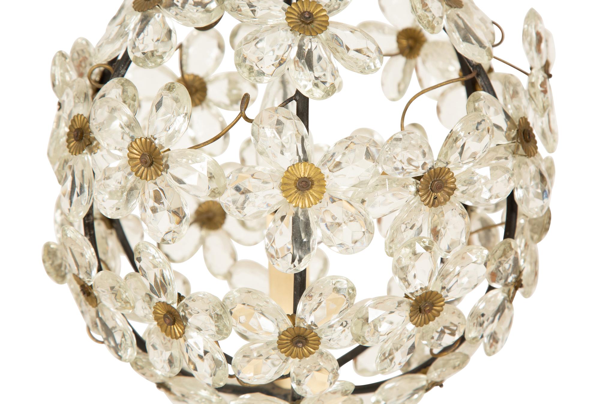 A Small Globe-Form Glass and Metal Chandelier with Floral Design