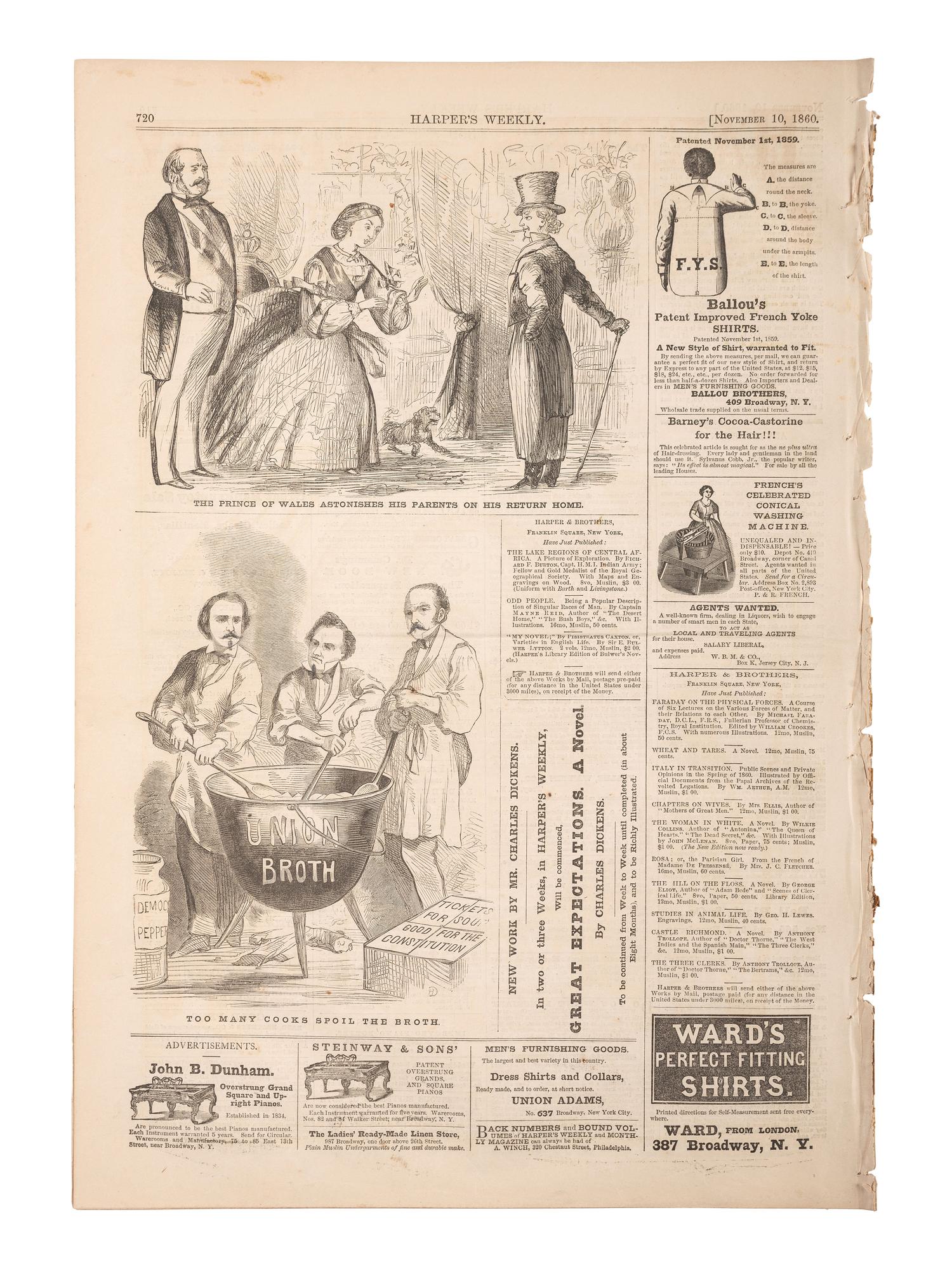[LINCOLN, Abraham (1809-1865)]. Harper’s Weekly. Vol. IV, No. 202. New York, NY: Harper & Brothers, 10 November 1860.