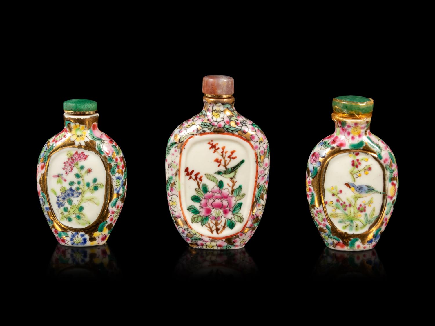 Three Chinese Famille Rose 'Millefleur' Porcelain Snuff Bottles