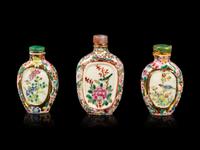 Three Chinese Famille Rose 'Millefleur' Porcelain Snuff Bottles