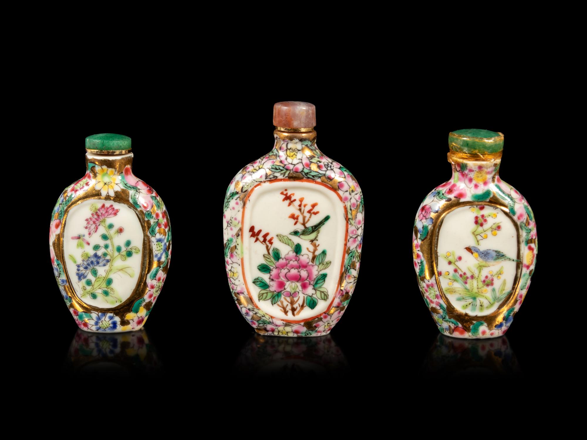 Three Chinese Famille Rose 'Millefleur' Porcelain Snuff Bottles