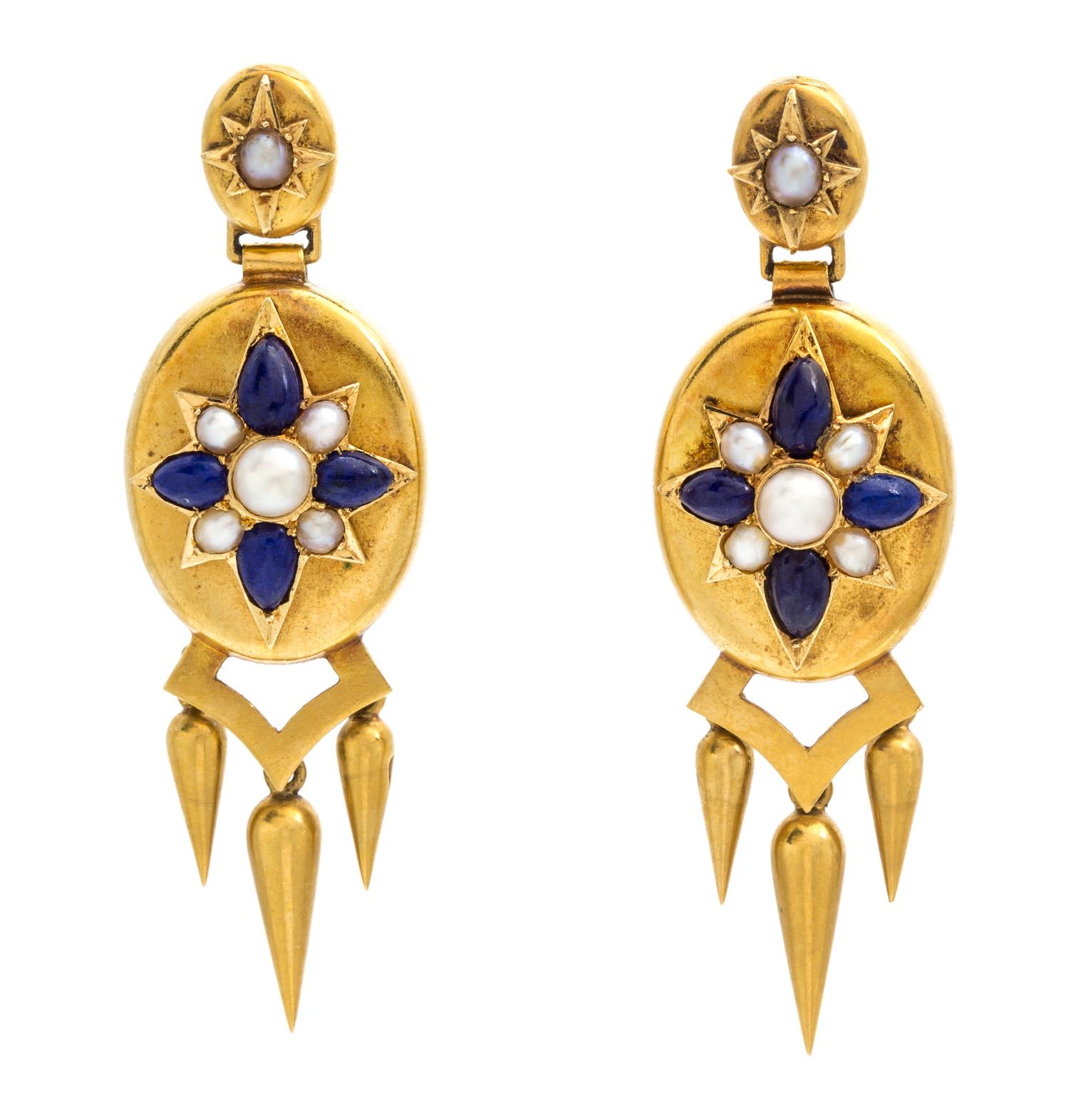 A Pair of 18 Karat Yellow Gold, Lapis Lazuli and Pearl Earrings, 8.00 dwts.