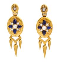 A Pair of 18 Karat Yellow Gold, Lapis Lazuli and Pearl Earrings, 8.00 dwts.