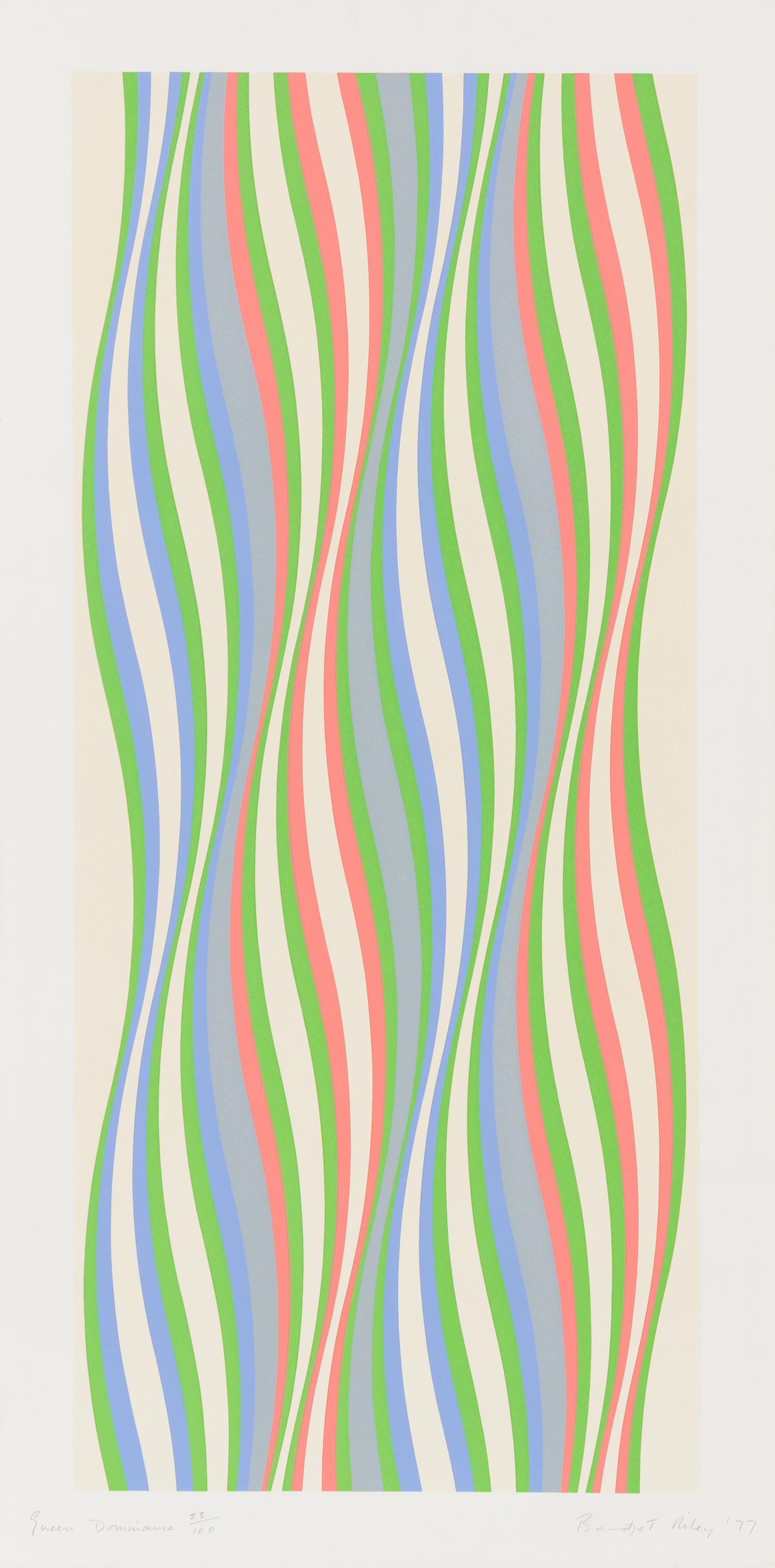 Bridget Riley, (American, b. 1931), Blue Dominance, Green Dominance, and Red Dominance, 1977
