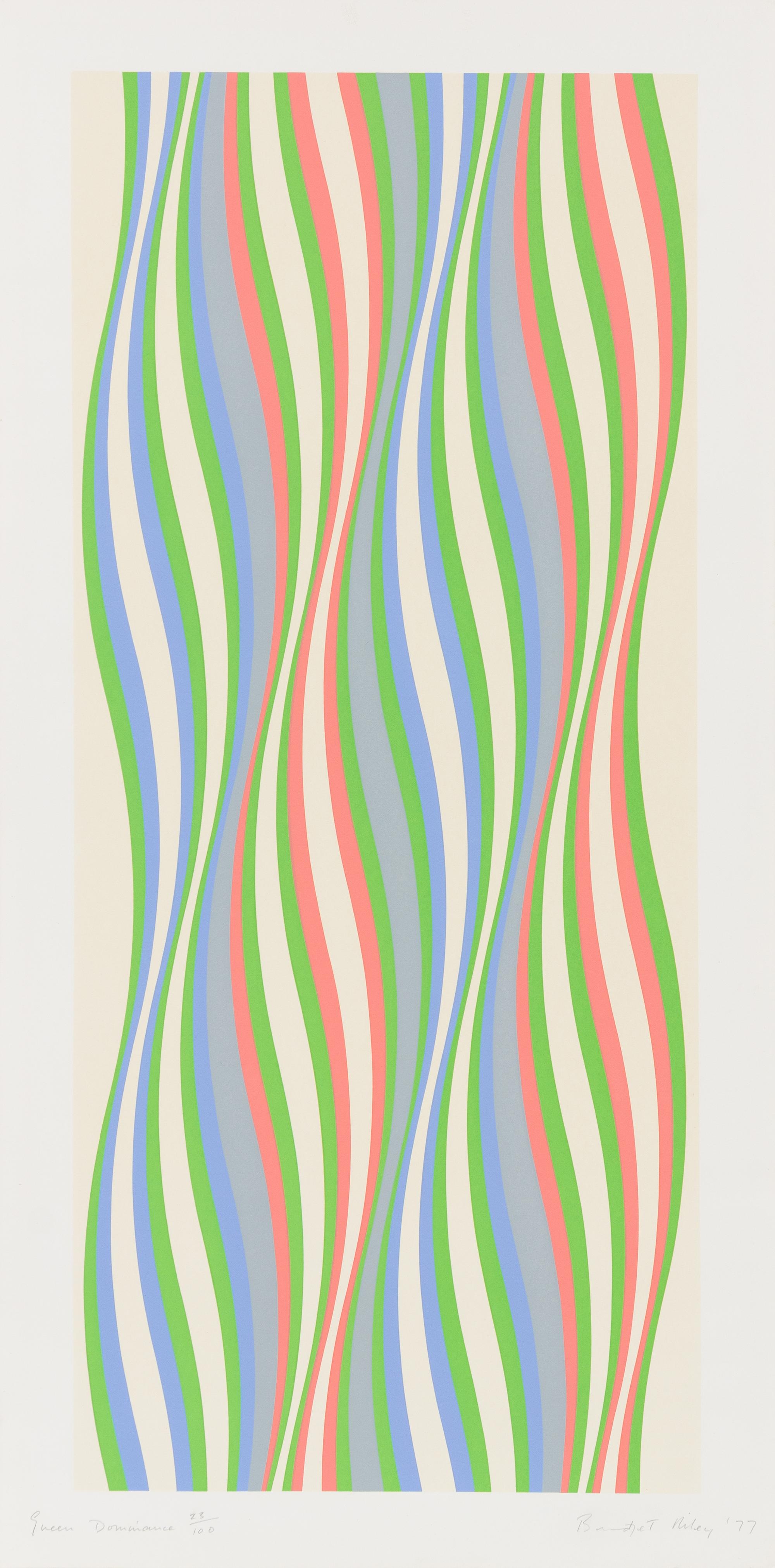 Bridget Riley, (American, b. 1931), Blue Dominance, Green Dominance, and Red Dominance, 1977