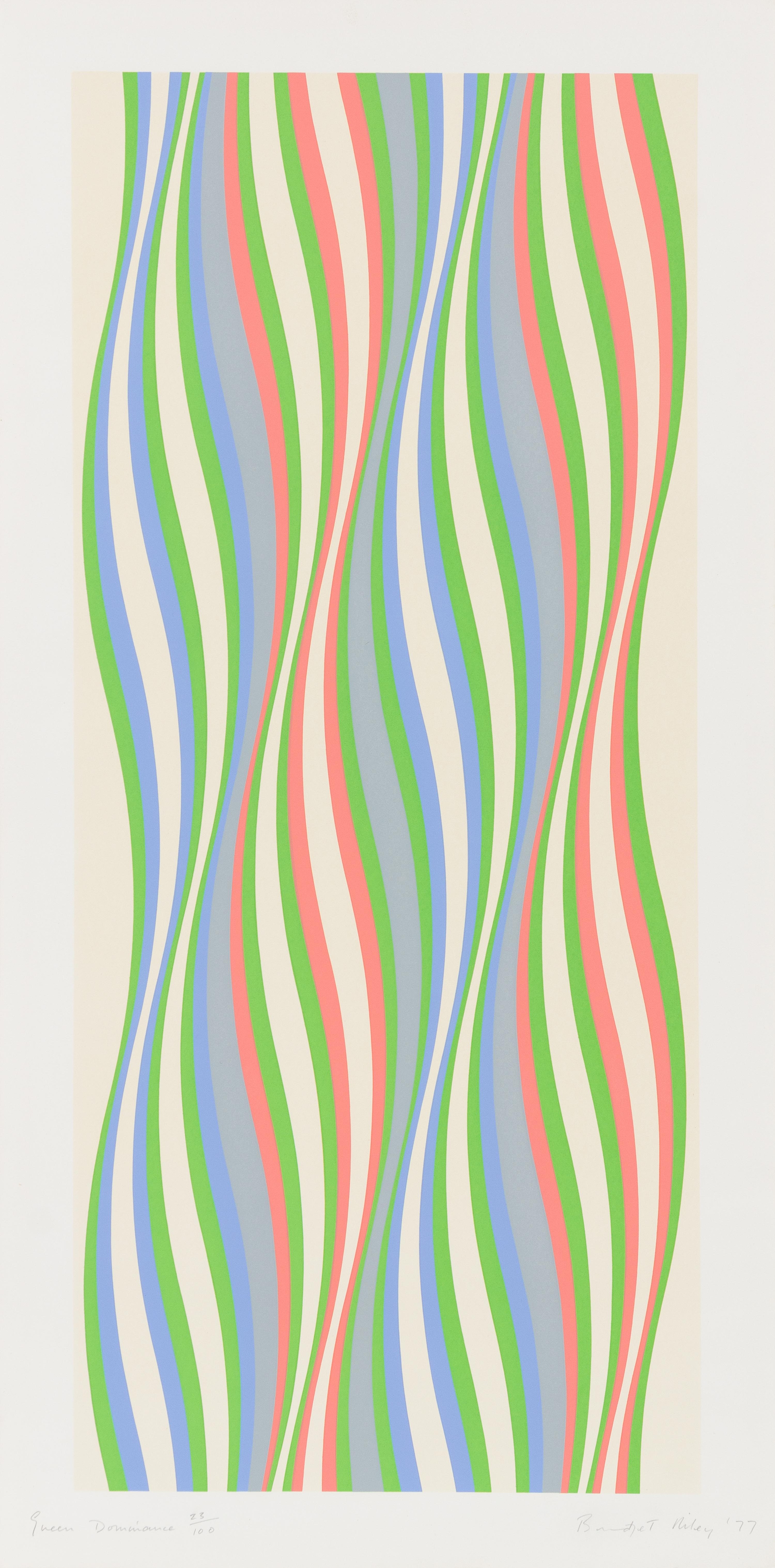 Bridget Riley, (American, b. 1931), Blue Dominance, Green Dominance, and Red Dominance, 1977