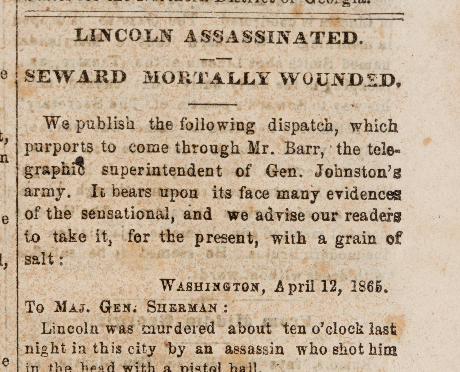 [LINCOLN ASSASSINATION]. Augusta Daily Constitutionalist. Vol. XXII, No. 245. Augusta, Georgia, 22 April 1865.