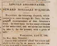 [LINCOLN ASSASSINATION]. Augusta Daily Constitutionalist. Vol. XXII, No. 245. Augusta, Georgia, 22 April 1865.