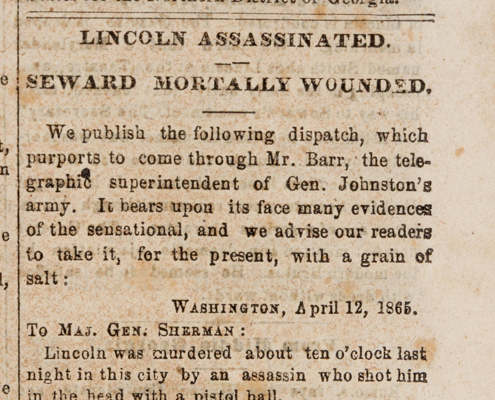 [LINCOLN ASSASSINATION]. Augusta Daily Constitutionalist. Vol. XXII, No. 245. Augusta, Georgia, 22 April 1865.