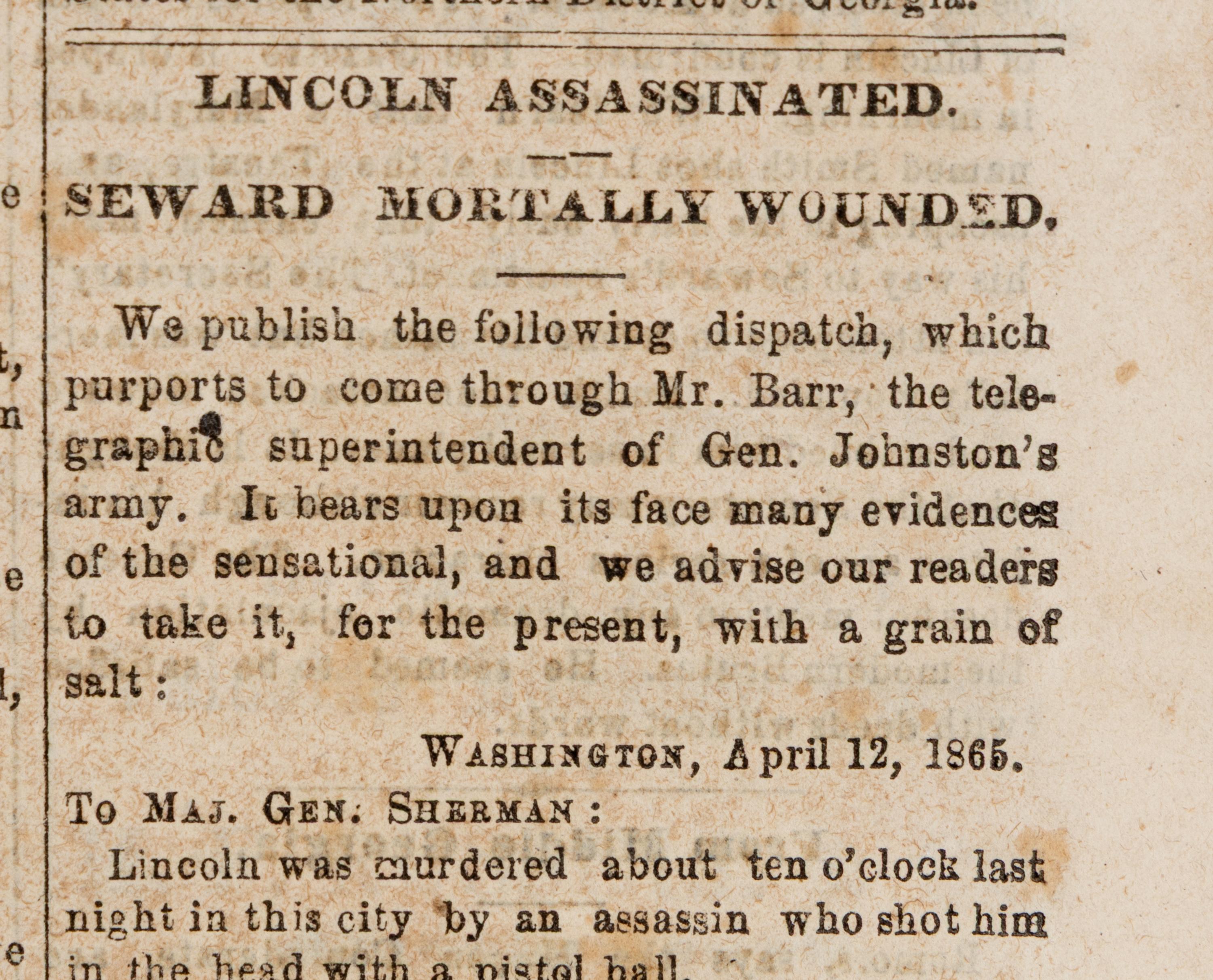 [LINCOLN ASSASSINATION]. Augusta Daily Constitutionalist. Vol. XXII, No. 245. Augusta, Georgia, 22 April 1865.