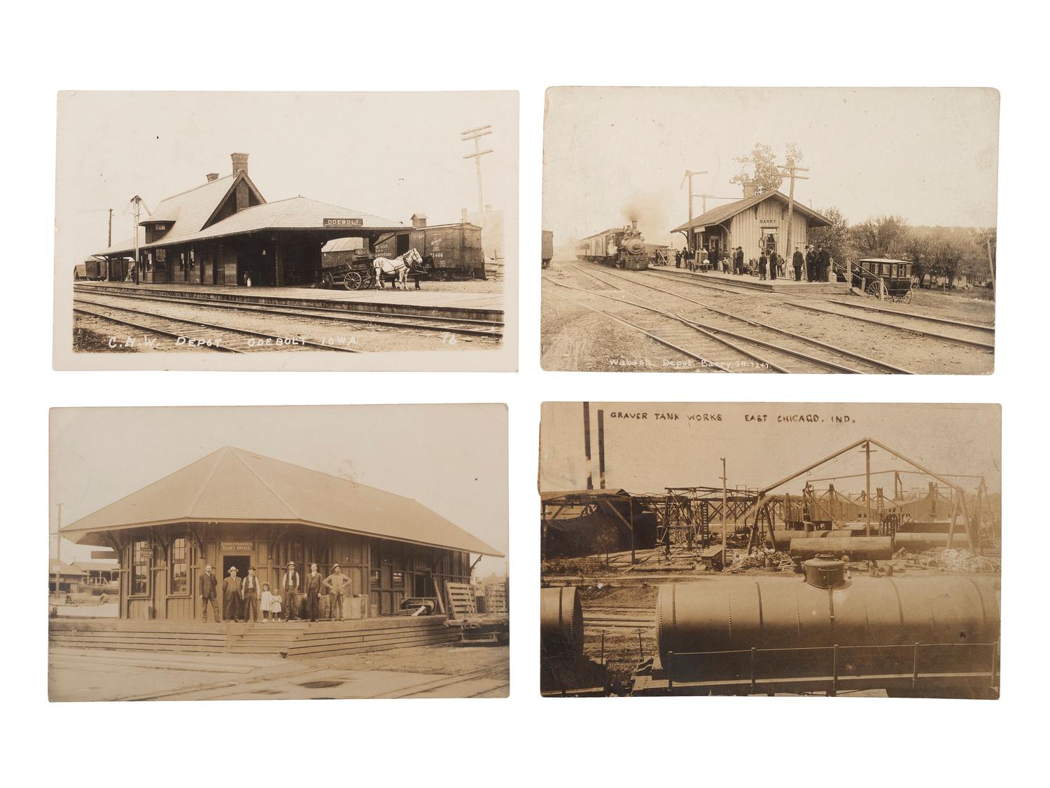 [RAILROADS]. Over 120 RPPCs & photographs of railroad stations, train depots, and roundhouses.