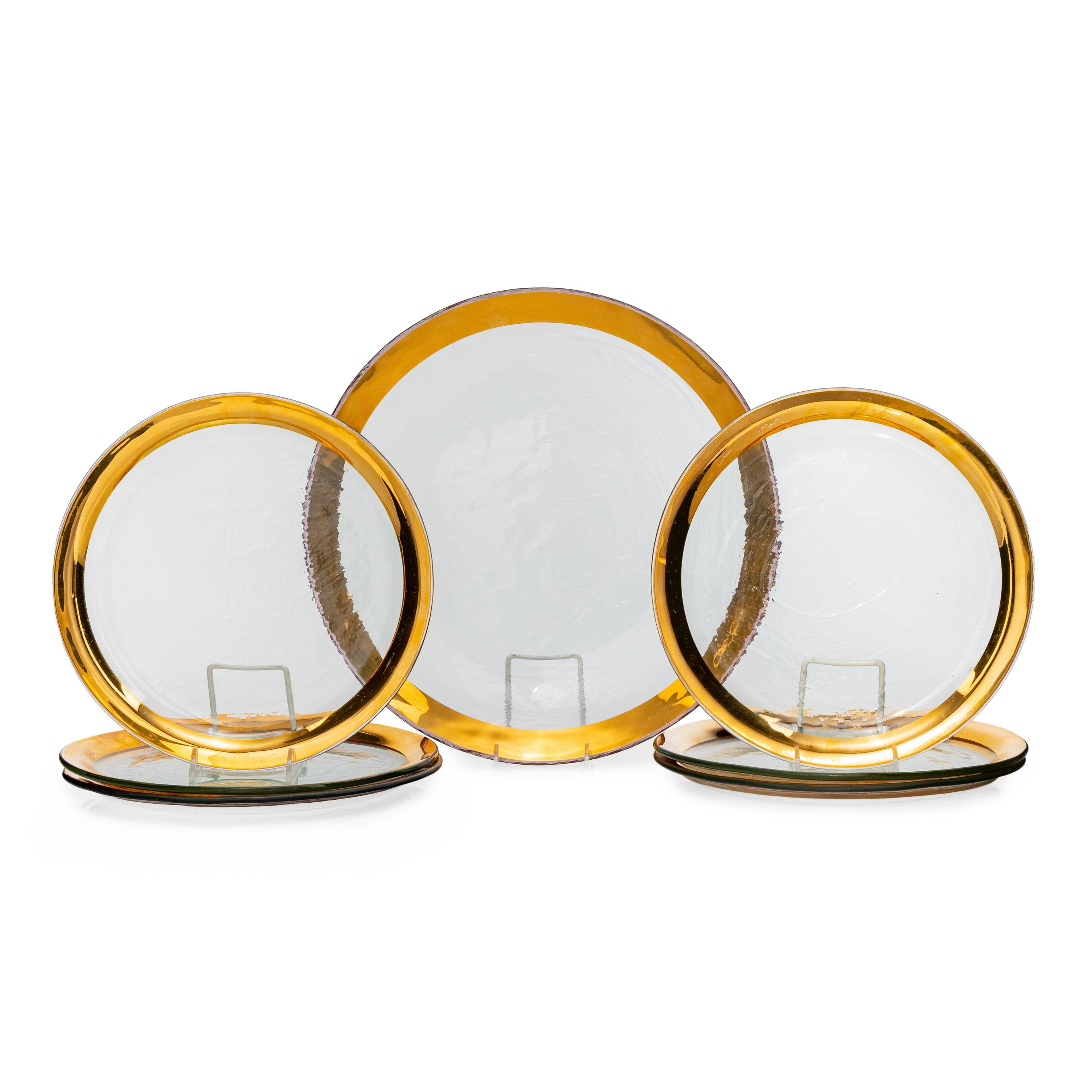 A Set of Six Annieglass Parcel-Gilt Dinner Plates and One Serving Dish