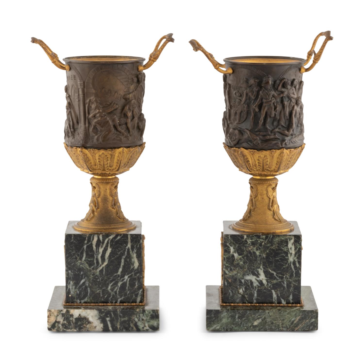 A Pair of Empire Style Gilt and Patinated Bronze and Marble Urn Ornaments
