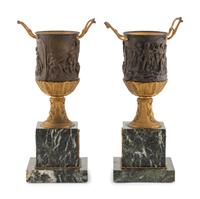 A Pair of Empire Style Gilt and Patinated Bronze and Marble Urn Ornaments