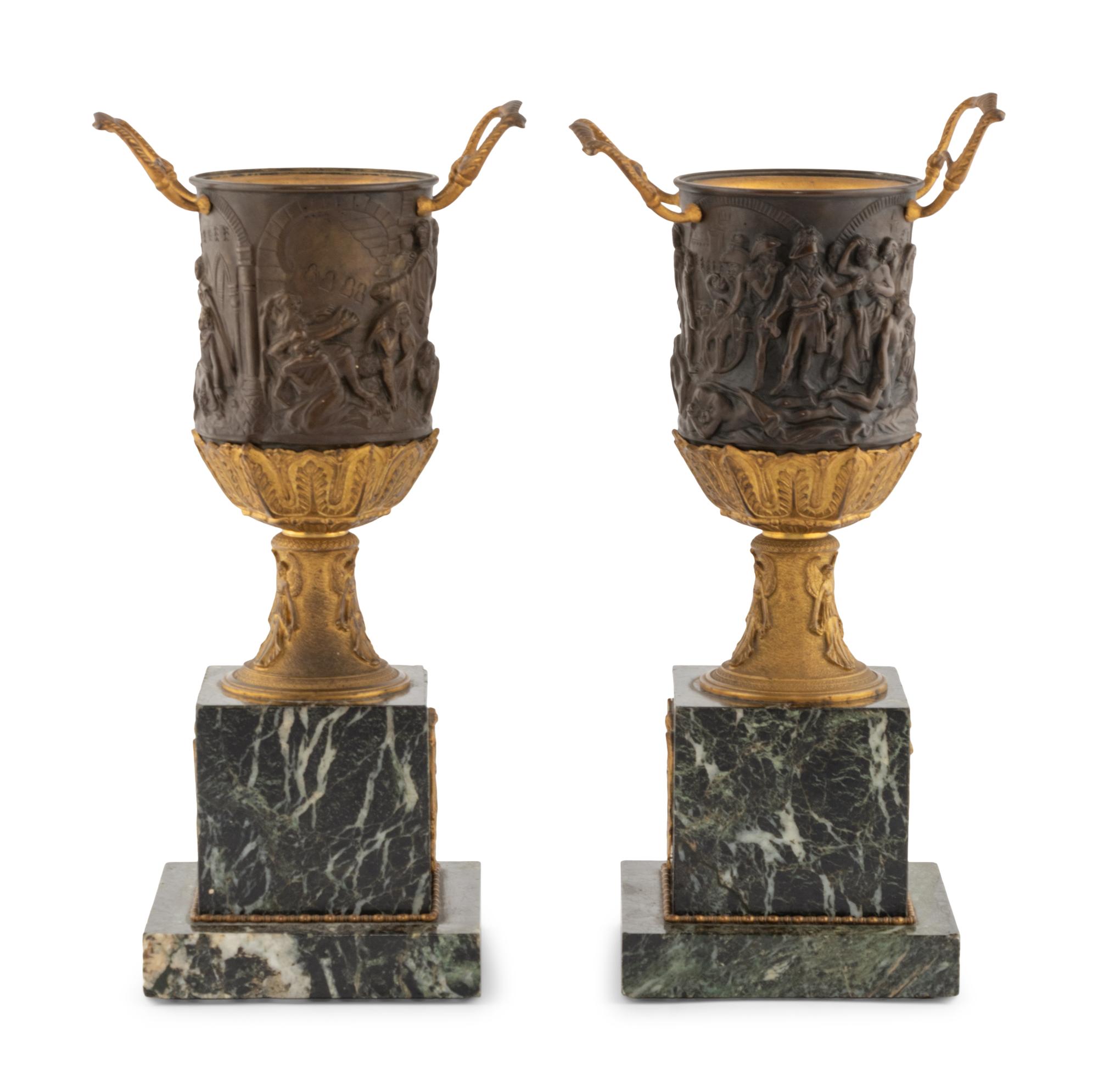 A Pair of Empire Style Gilt and Patinated Bronze and Marble Urn Ornaments
