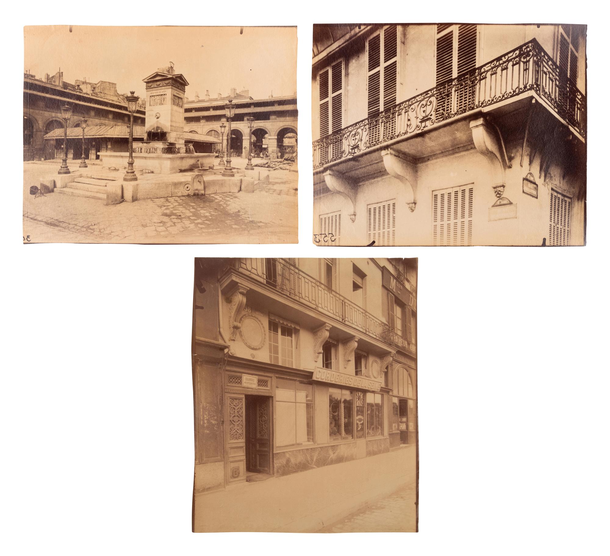 A group of three photographs ( Marché Saint-Germain , circa 1900s; 58 Quai des Orfèvres [balcon] , circa 1900s; Balcon, quai Béthune 24 , 1908)