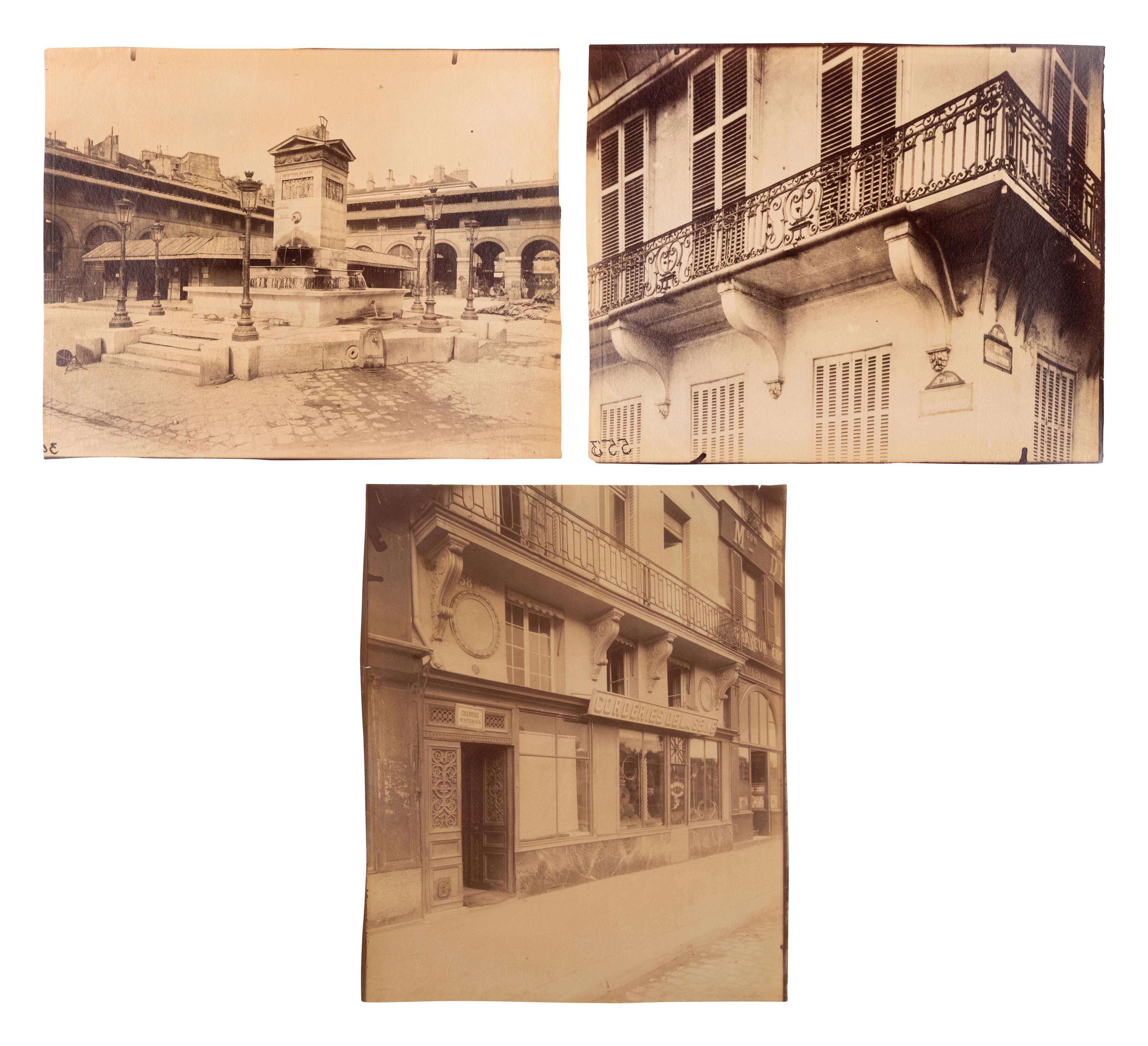 A group of three photographs ( Marché Saint-Germain , circa 1900s; 58 Quai des Orfèvres [balcon] , circa 1900s; Balcon, quai Béthune 24 , 1908)