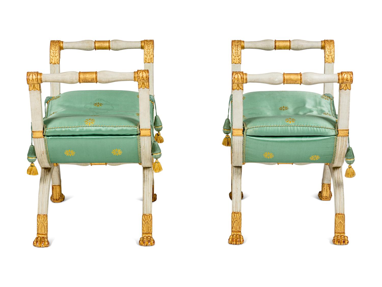 A Pair of Empire White-Painted and Parcel-Gilt Tabourets