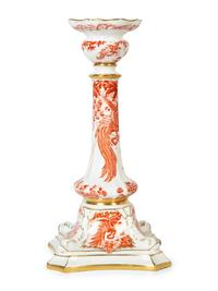A Royal Crown Derby Red Aves Covered Tureen with Under Plate and a Pair of Candlesticks