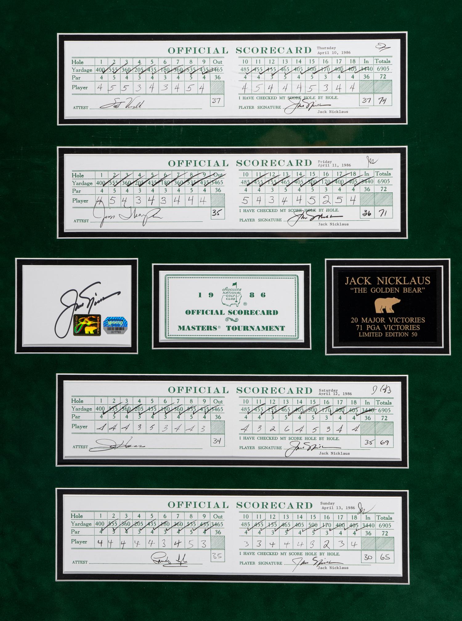 A Jack Nicklaus 1986 Masters Scorecard Signed Autograph Large Format Display,
