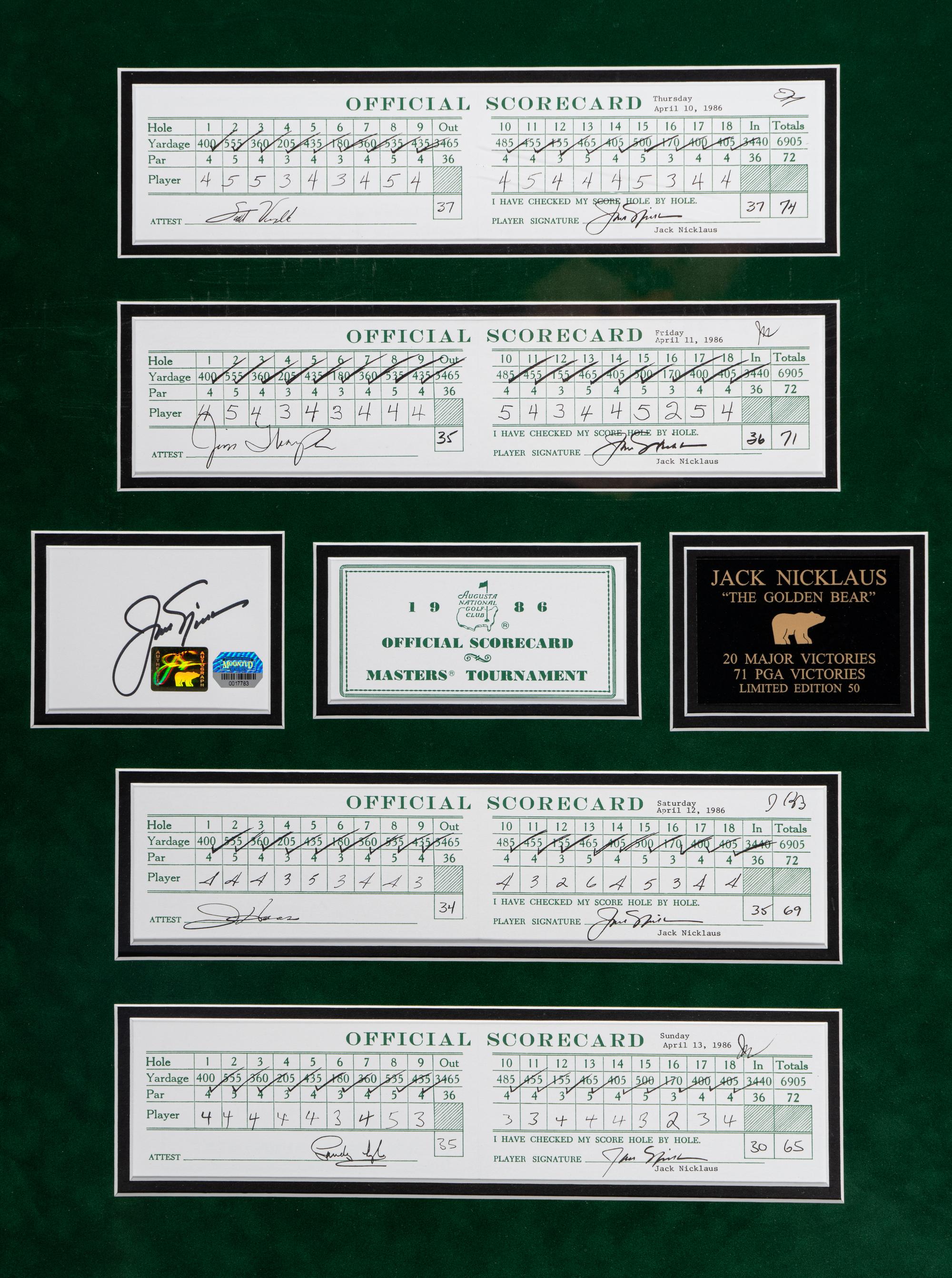 A Jack Nicklaus 1986 Masters Scorecard Signed Autograph Large Format Display,