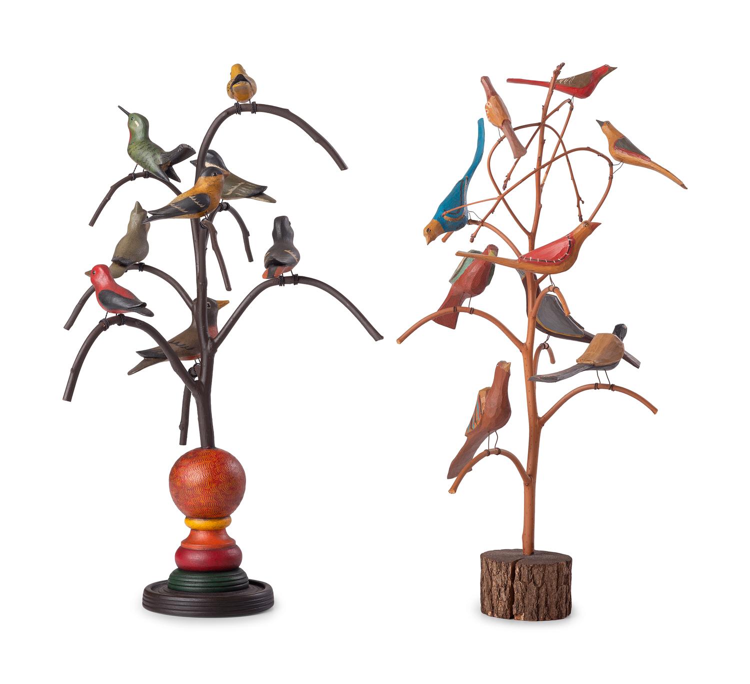 Two Folk Art Carved and Painted Wood Bird Trees