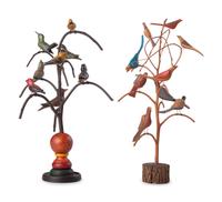 Two Folk Art Carved and Painted Wood Bird Trees