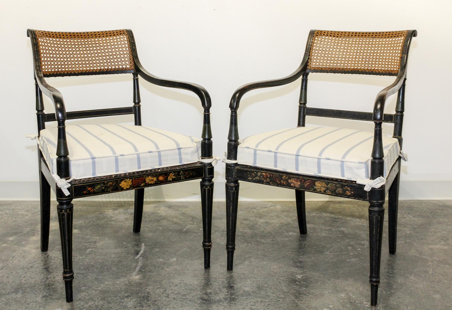 A Pair of American Black Painted Armchairs Height 33 1/2 inches. — 19TH CENTURY