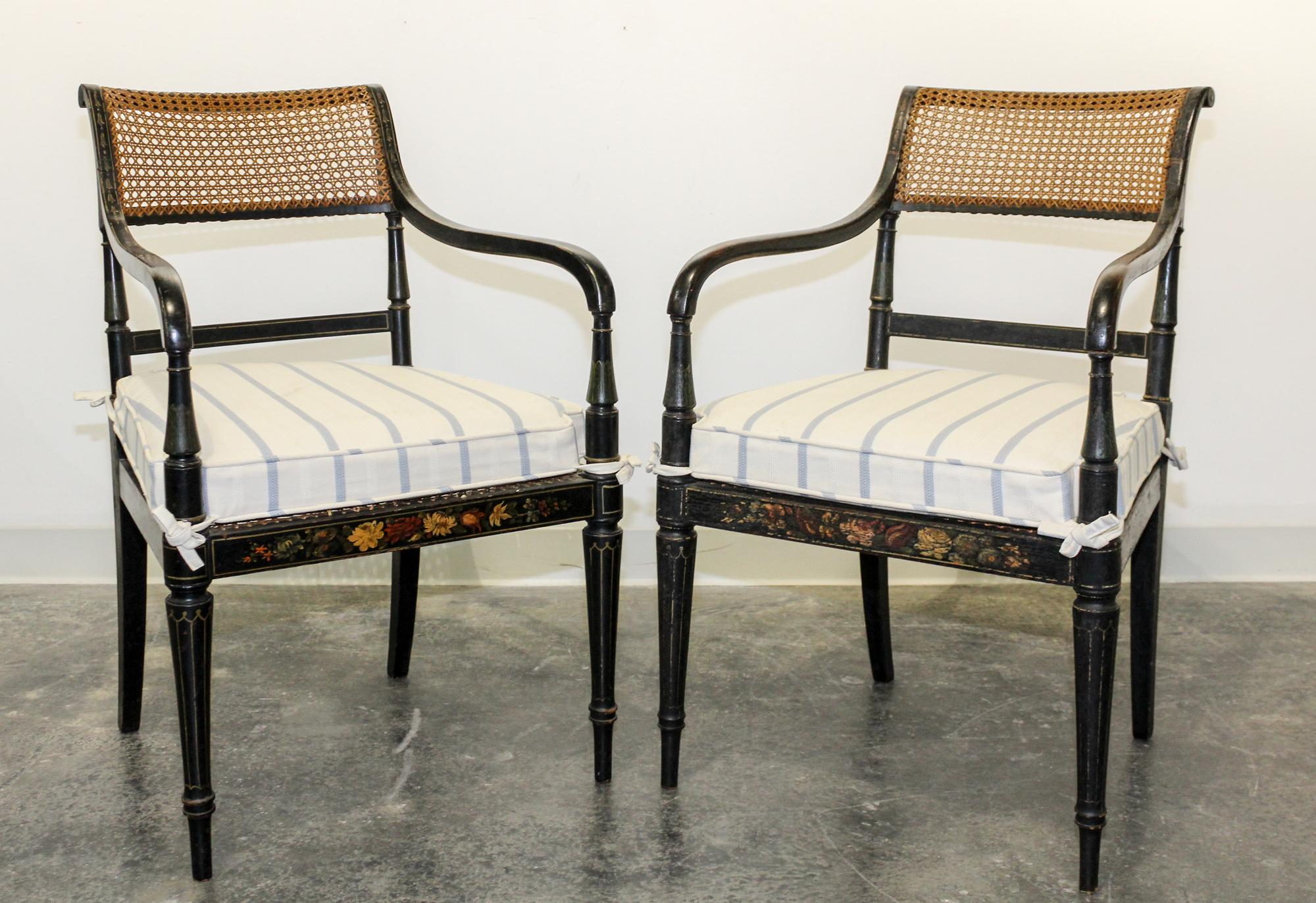 A Pair of American Black Painted Armchairs Height 33 1/2 inches. — 19TH CENTURY