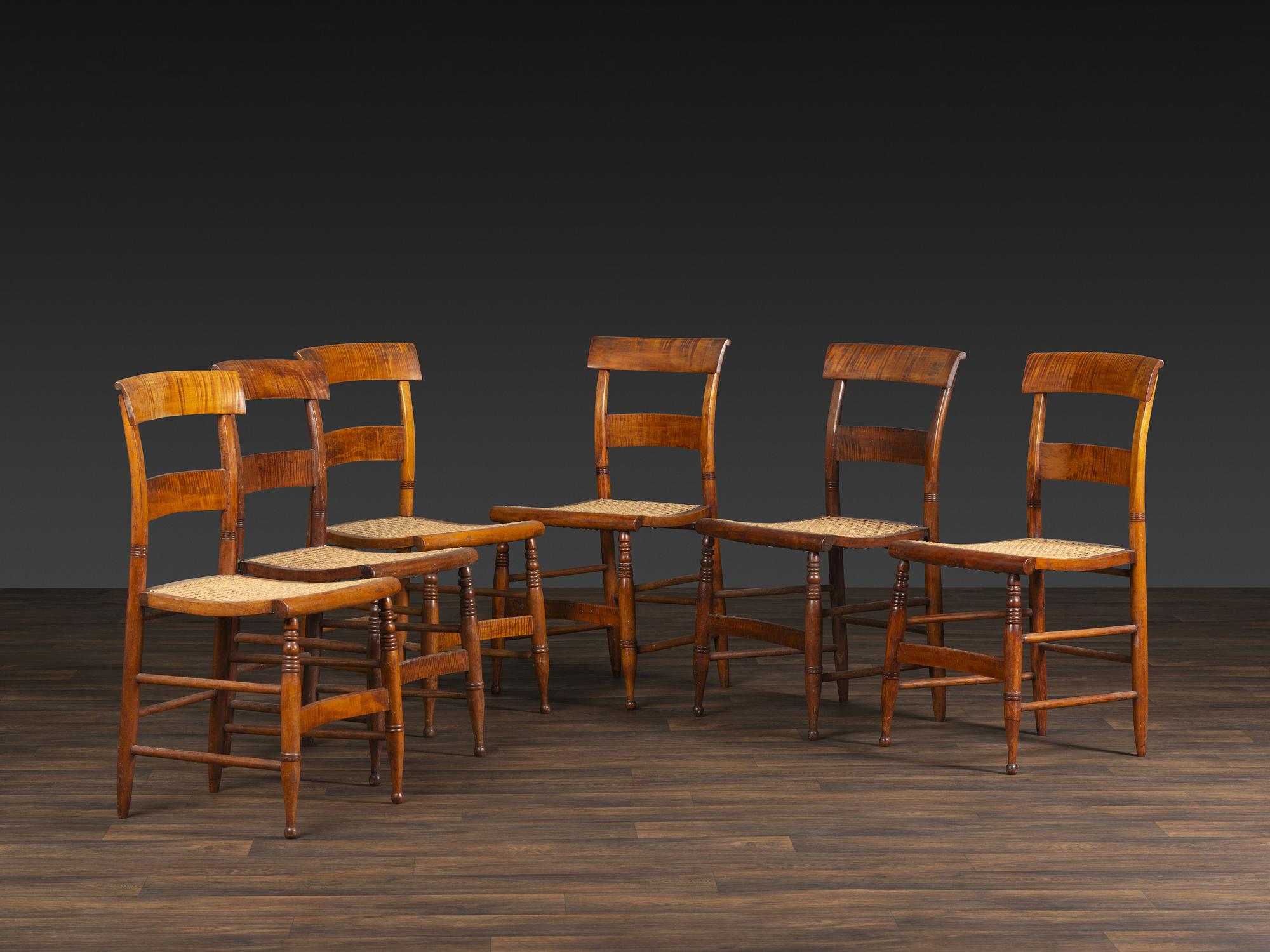 Six Classical Figured Maple Cane Seat Side Chairs