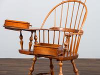 A D.R. Dimes Turned and Volute Carved Tiger Maple Windsor Three-Back Writing Armchair