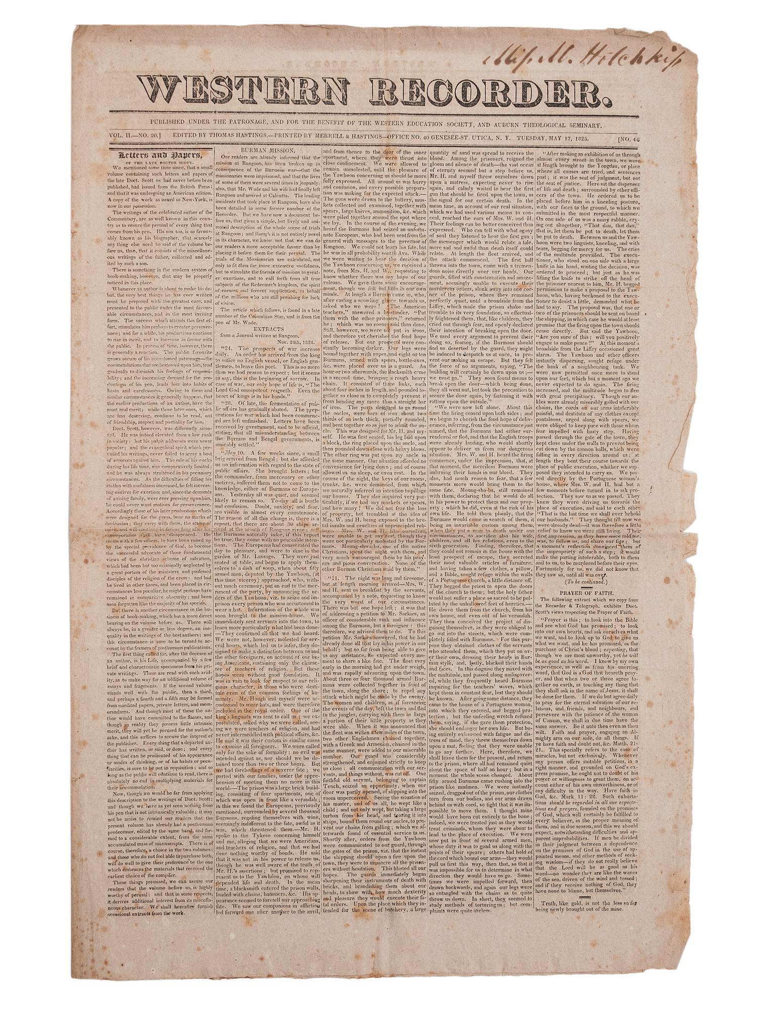 [PERIODICALS]. A group of 13 nineteenth-century newspapers and publications, including The Emancipator and the Catholic newspaper of the Yankton Sioux.