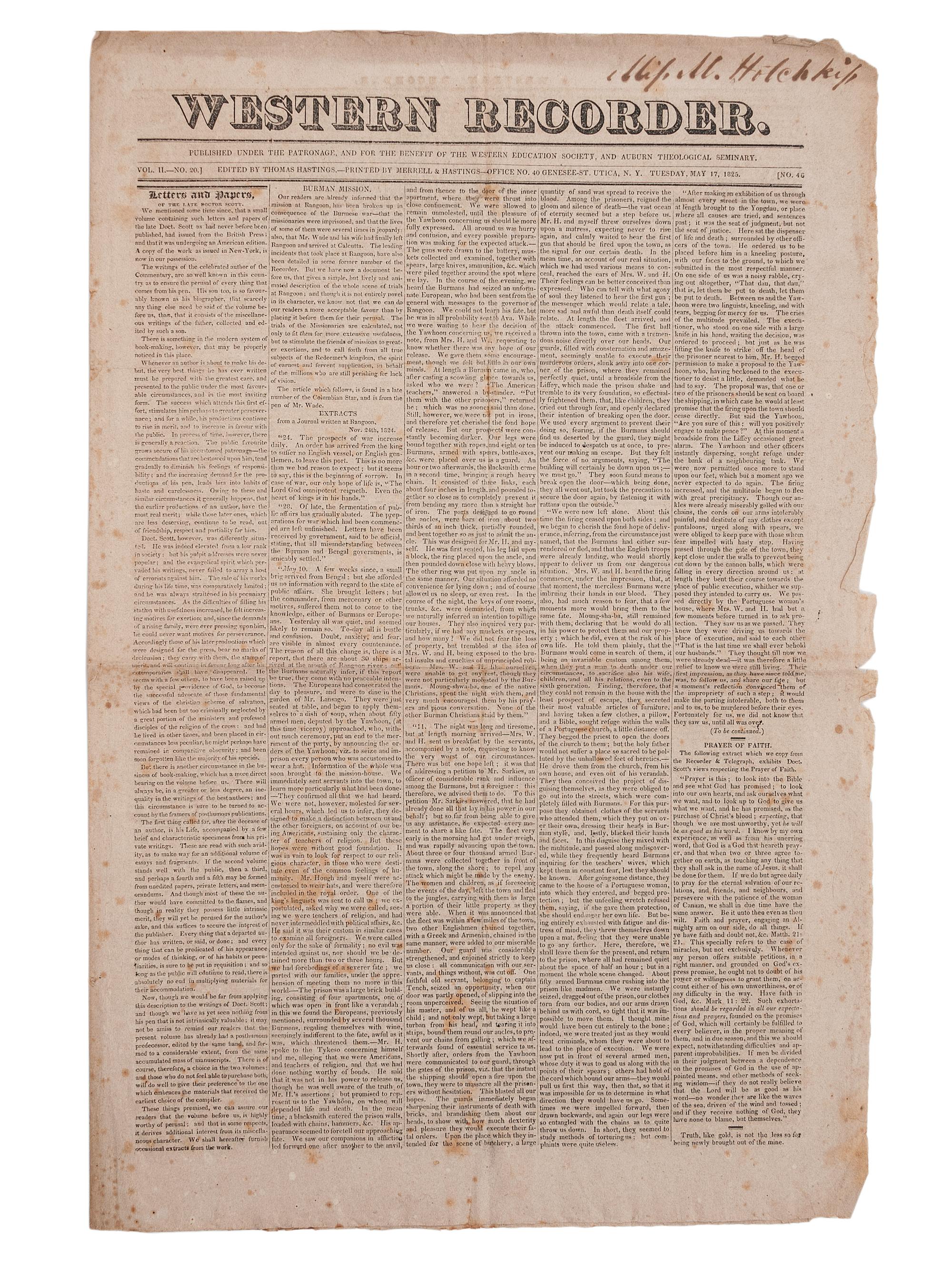 [PERIODICALS]. A group of 13 nineteenth-century newspapers and publications, including The Emancipator and the Catholic newspaper of the Yankton Sioux.
