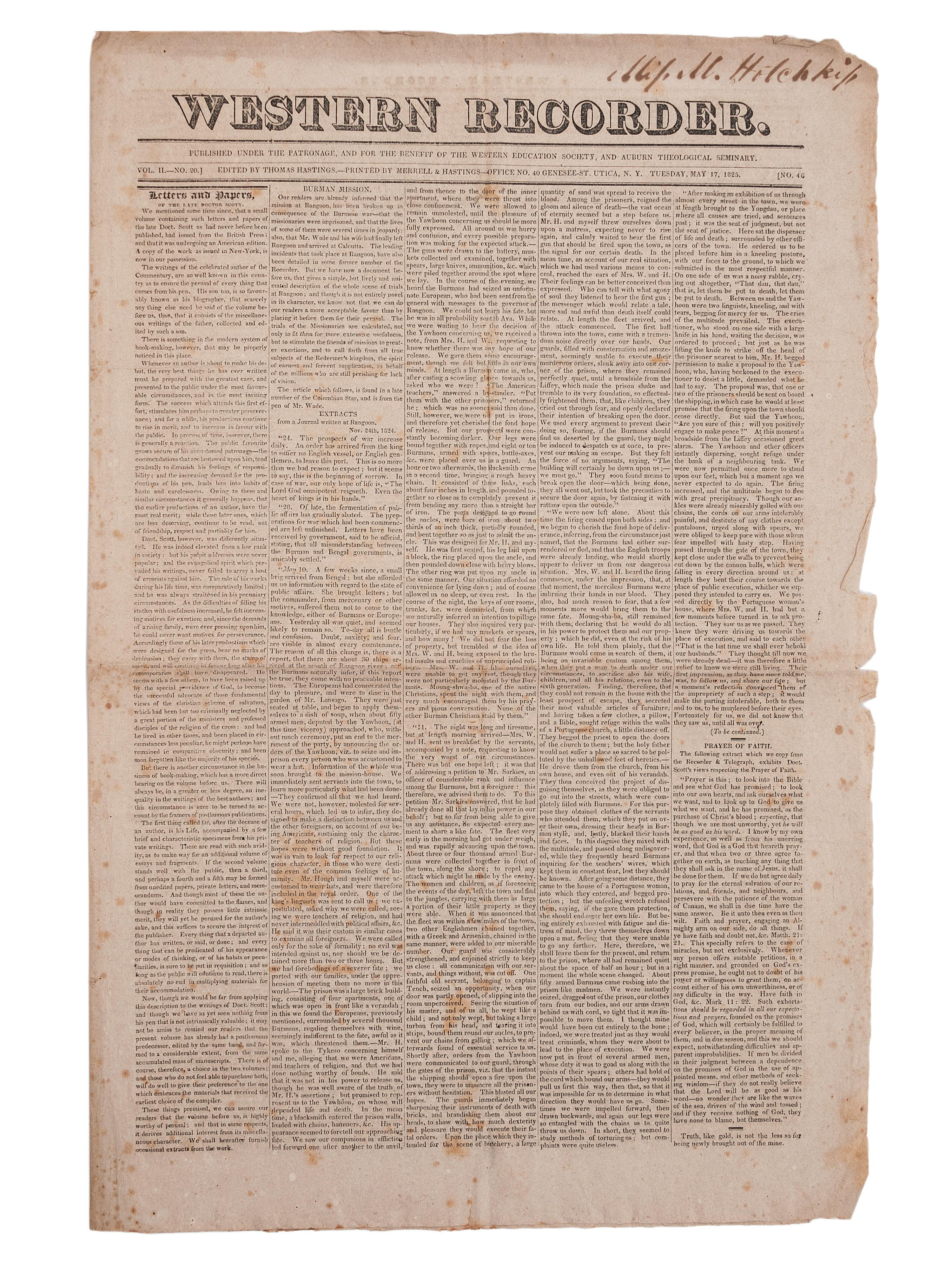 [PERIODICALS]. A group of 13 nineteenth-century newspapers and publications, including The Emancipator and the Catholic newspaper of the Yankton Sioux.
