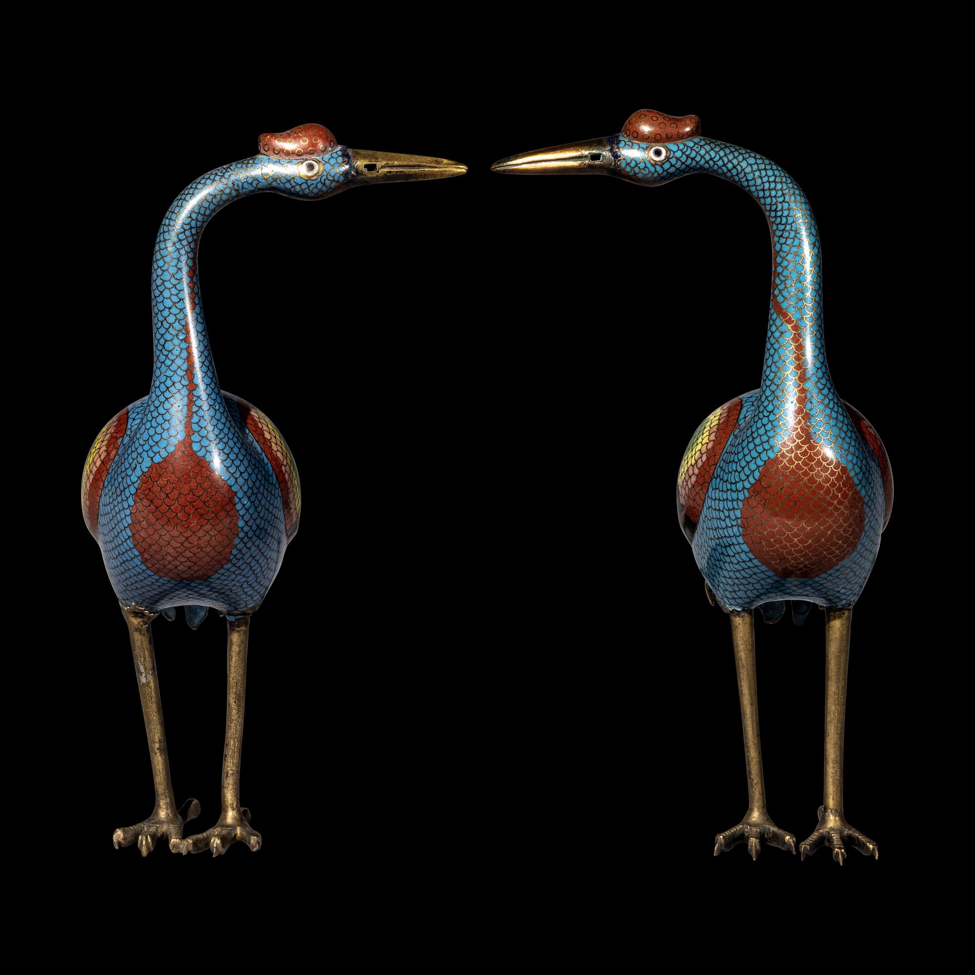 A Pair of Chinese Cloisonné Enamel Figures of Cranes