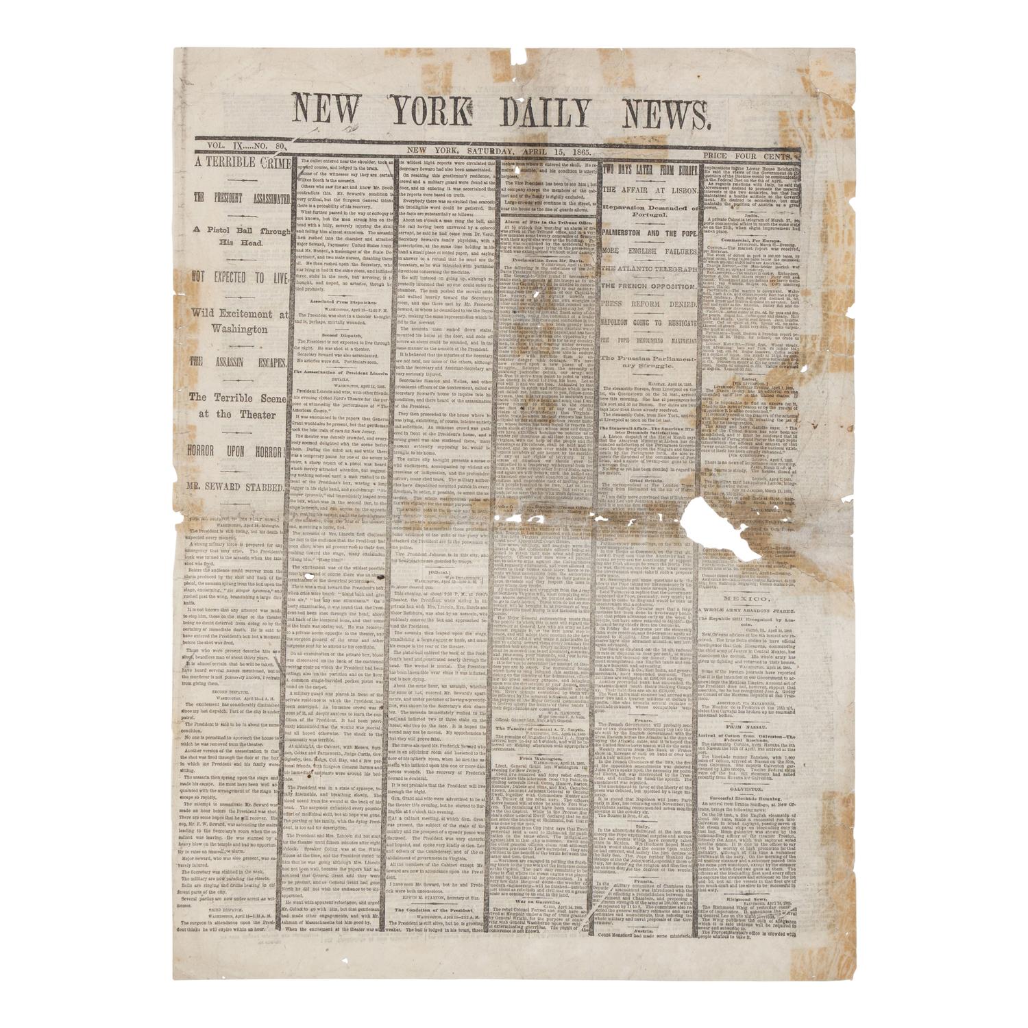 [LINCOLN ASSASSINATION]. A group of 6 newspapers, comprising: