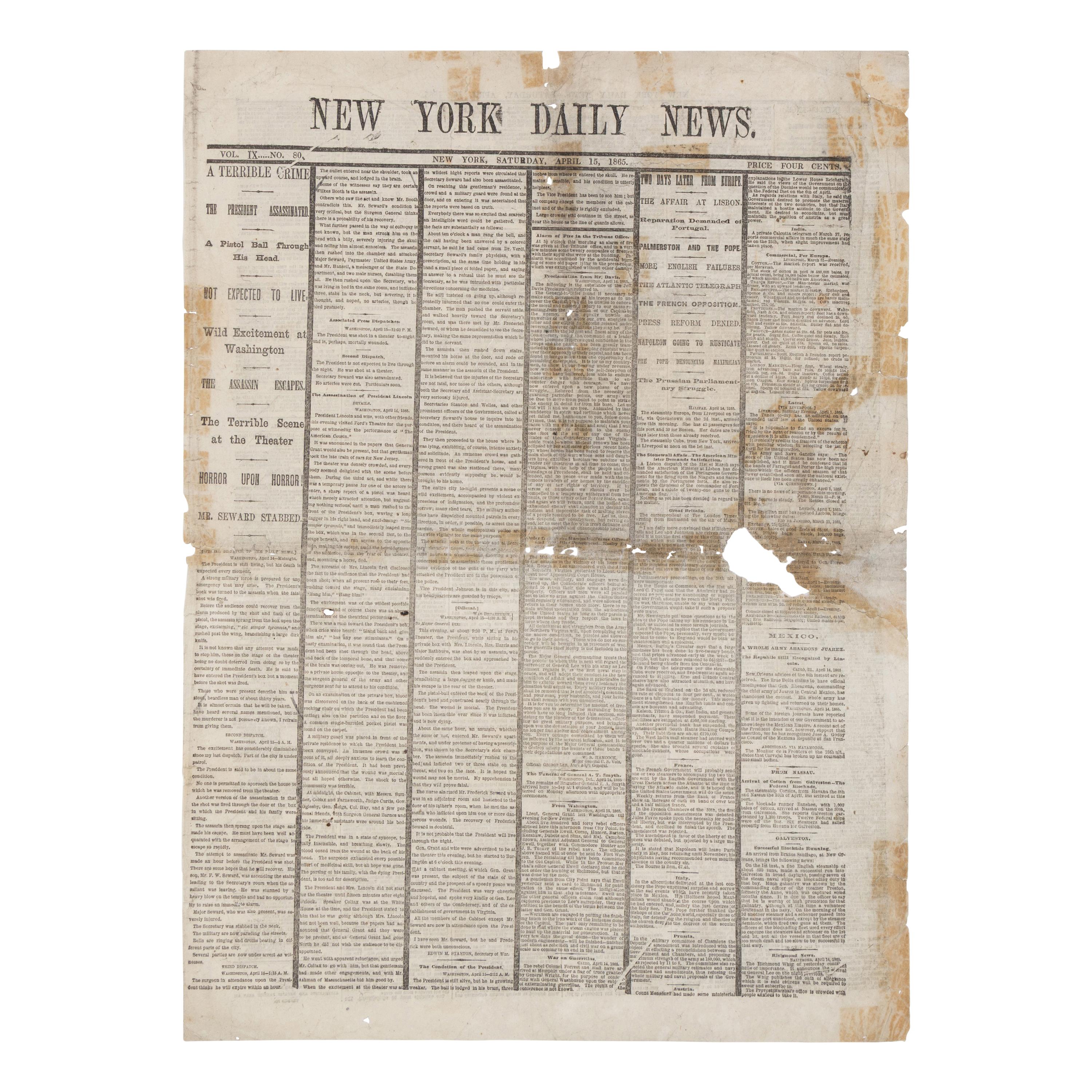 [LINCOLN ASSASSINATION]. A group of 6 newspapers, comprising: