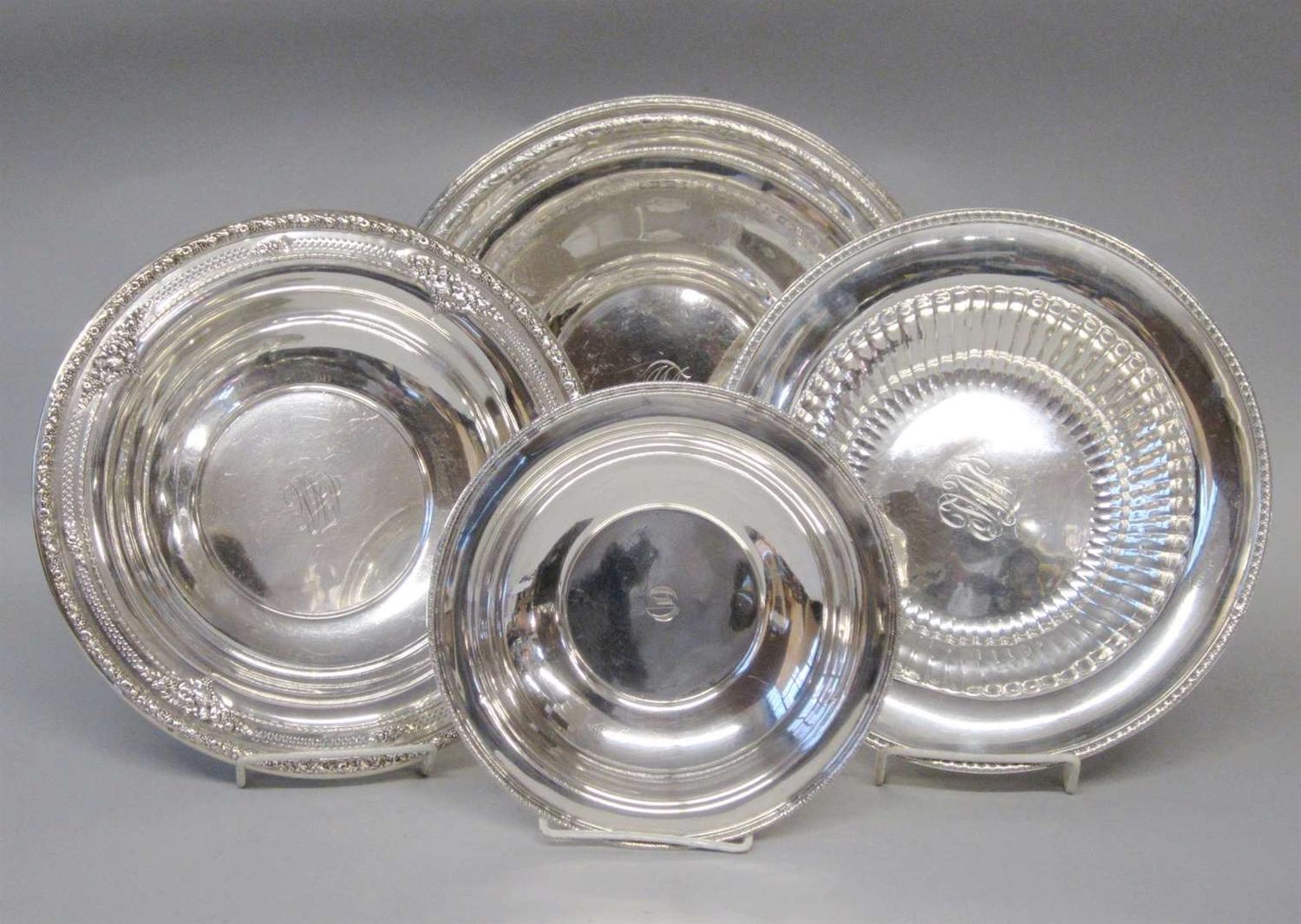 Four sterling silver bowls various makers including wallace, frank m. whiting co., and meriden britannia co.