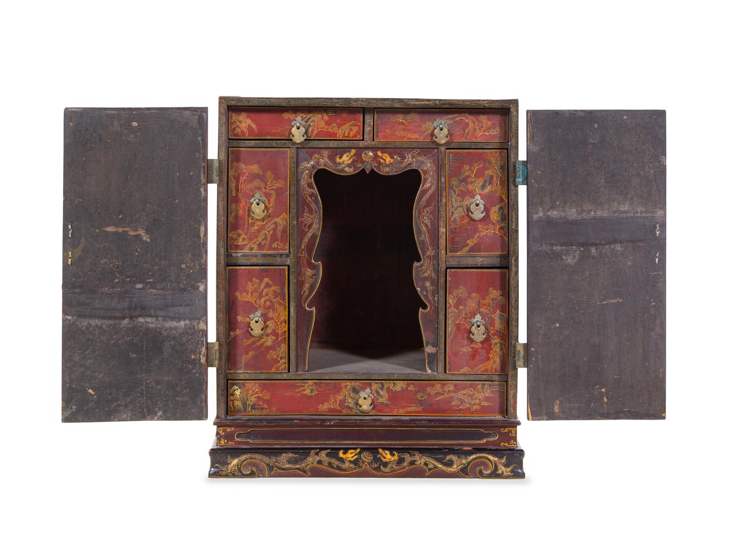 A Polychrome and Gilt Lacquered ‘Landscape’ Kang Cabinet