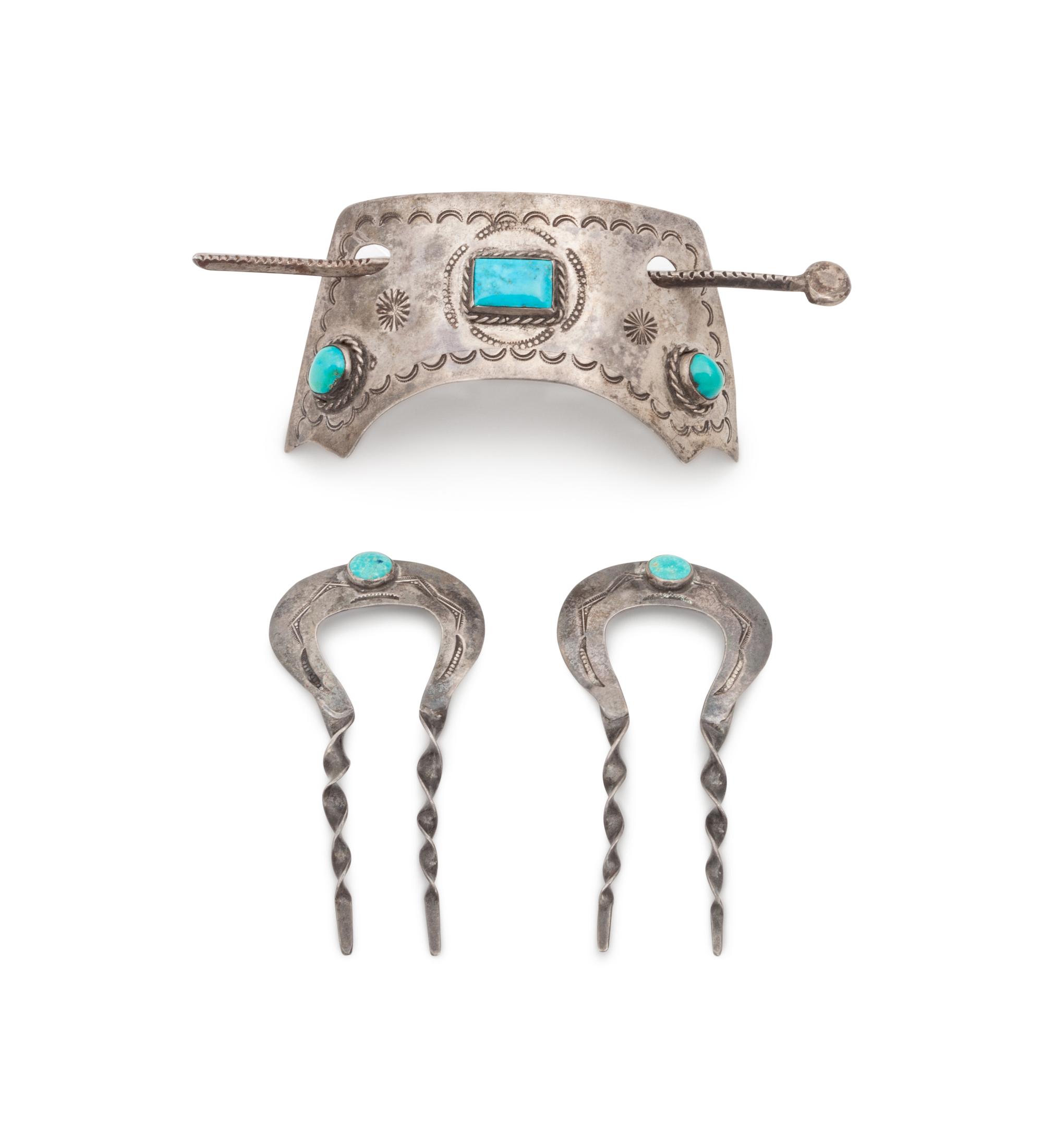 Navajo Silver and Turquoise Hair Ornaments